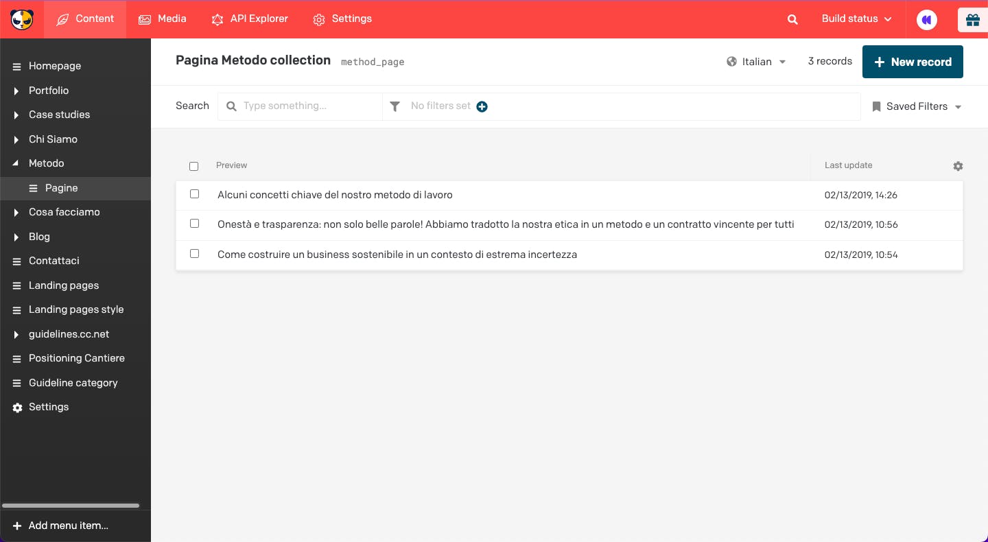 Schermata d'esempio della vista tabellare, o tabular view, di DatoCMS