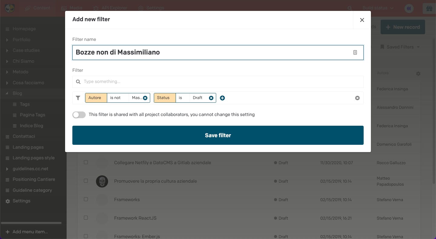 Schermata di salvataggio di un filtro su DatoCMS, dove nominarlo e darne l'accesso ai collaboratori.