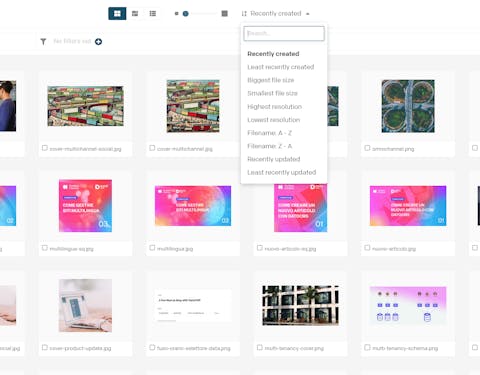 Menù per ordinare i risultati sulla Media Area Menù che mostra le opzioni di ordinamento dei contenuti della Media Area di DatoCMS