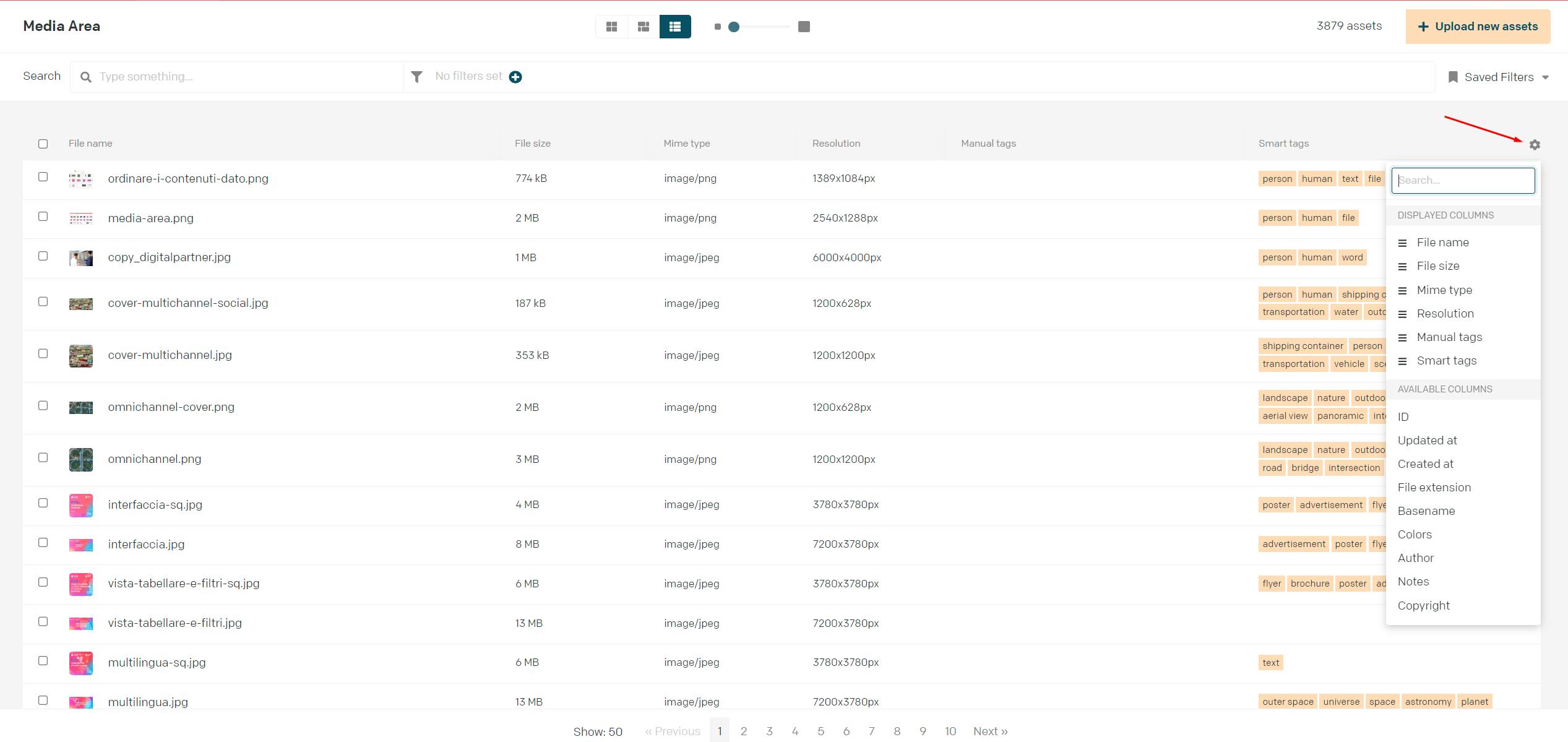 Uno screenshot delle opzioni disponibili per la vista tabellare di DatoCMS nella Media Area.