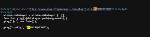 Codice sorgente script Analytics Screenshot che mostra la posizione dello script di Analytics di Google per recuperare l'ID della proprietà.