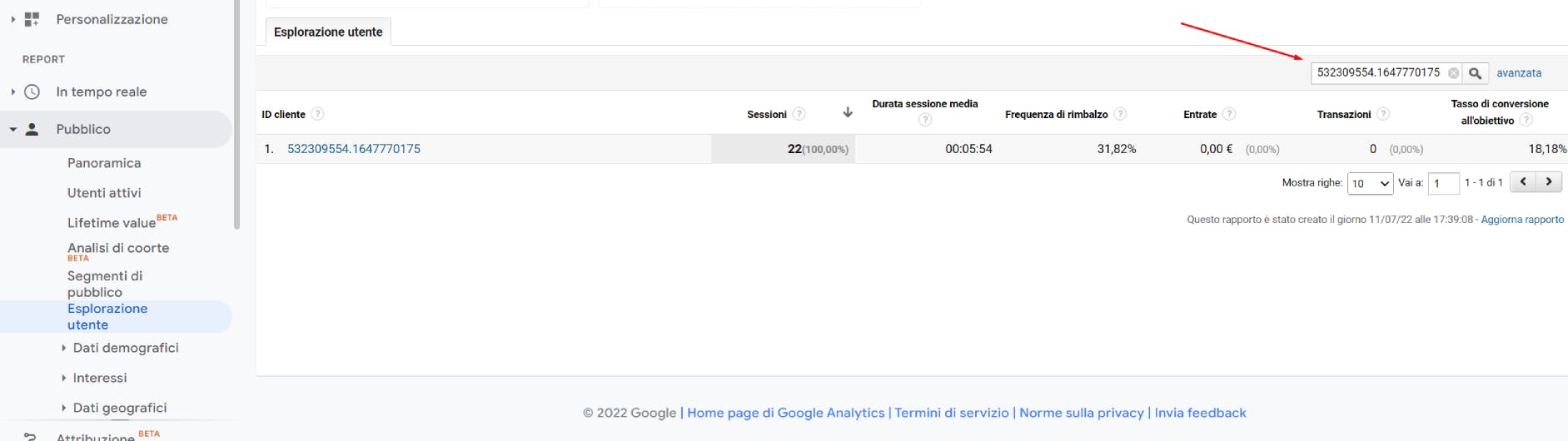 Uno screenshot di Analytics in cui si mostra come cercare utenti dalla sezione "Esplorazione utenti" usando il loro ID.