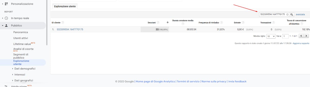 Uno screenshot di Analytics in cui si mostra come cercare utenti dalla sezione "Esplorazione utenti" usando il loro ID.