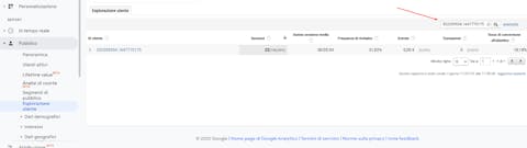 Ricerca ID su Analytics Uno screenshot di Analytics in cui si mostra come cercare utenti dalla sezione "Esplorazione utenti" usando il loro ID.