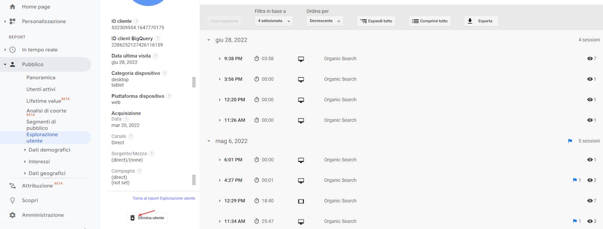 Screenshot che mostra il pannello utente su Analytics da cui cancellare i suoi dati personali.