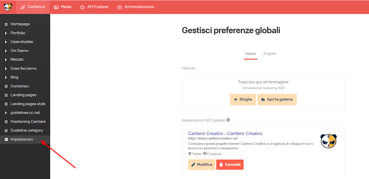 Schermata di DatoCMS che mostra dove modificare le impostazioni generali SEO