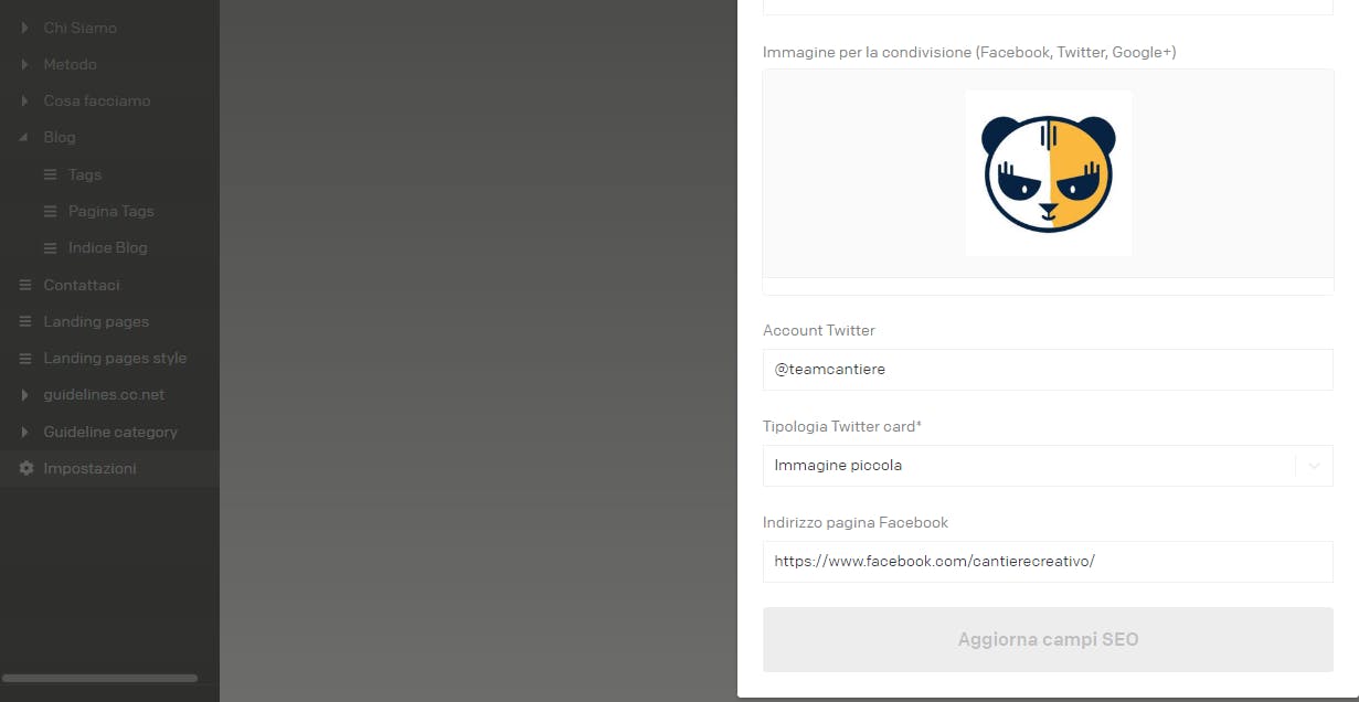 Schermata DatoCMS con campi per profili social per impostazioni generali SEO