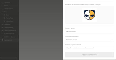 Campi social per impostazioni generali SEO DatoCMS Schermata DatoCMS con campi per profili social per impostazioni generali SEO