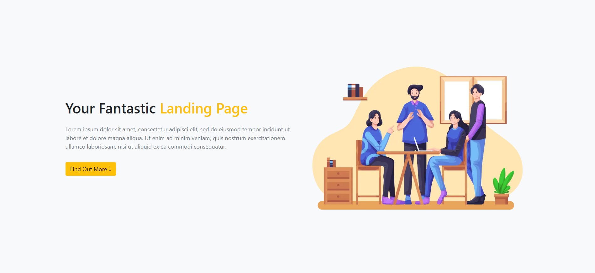 Un esempio di Hero Shot di una landing page formato da claim, testo introduttivo, bottone con la CTA e illustrazione d'accompagnamento