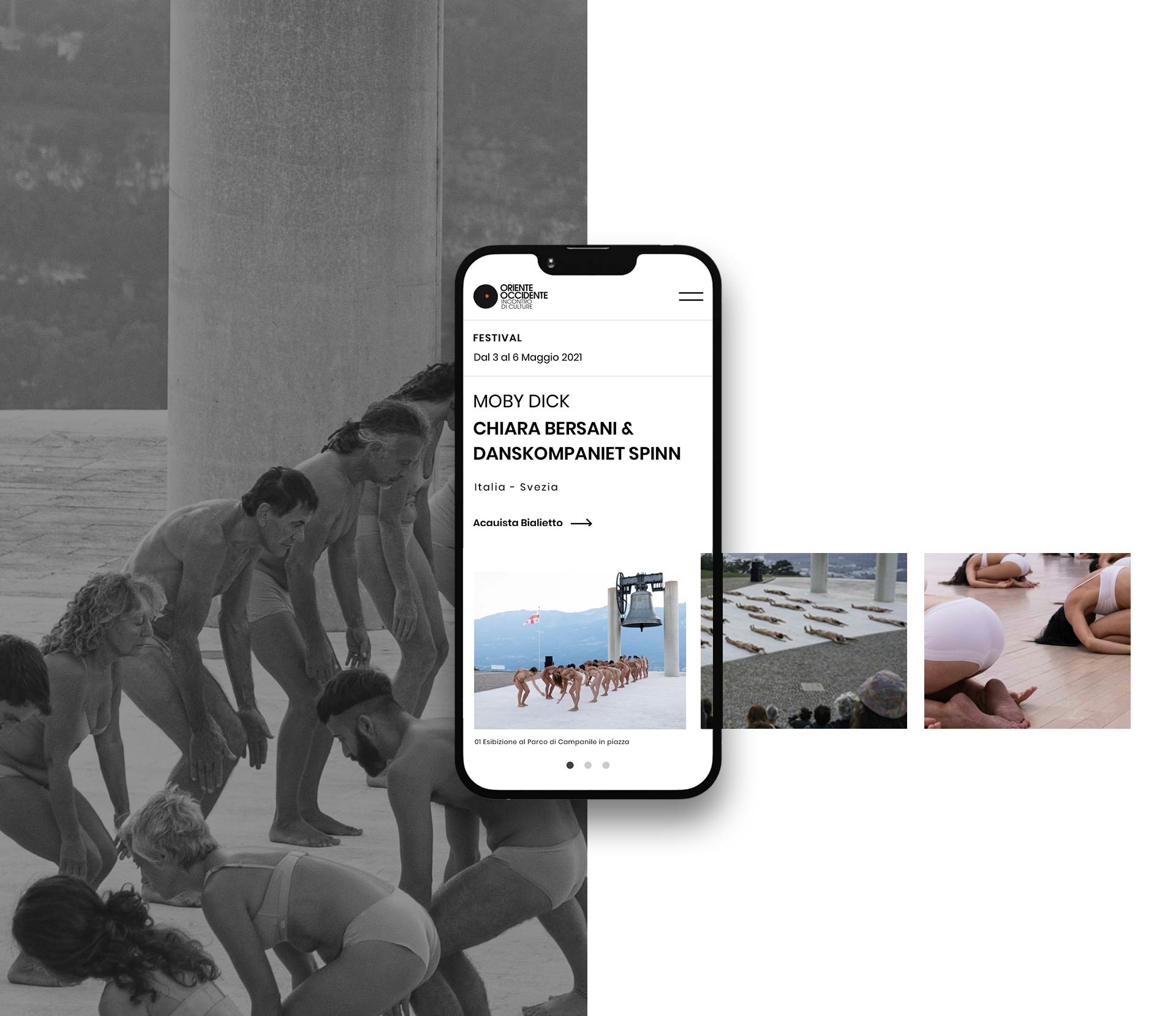 mockup in bianco e nero che mostrano il sito di oriente occidente da mobile con delle foto di ballerini in sfondo