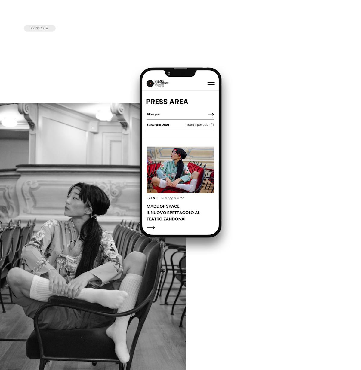 mockup da mobile del sito di oriente occidente con foto in bianco e nero in sfondo