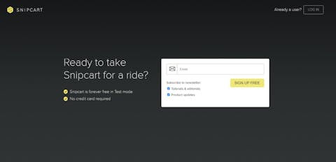 Snipcart Pagina principale di Snipcart per iscriversi al servizio del famoso carrello e-commerce headless