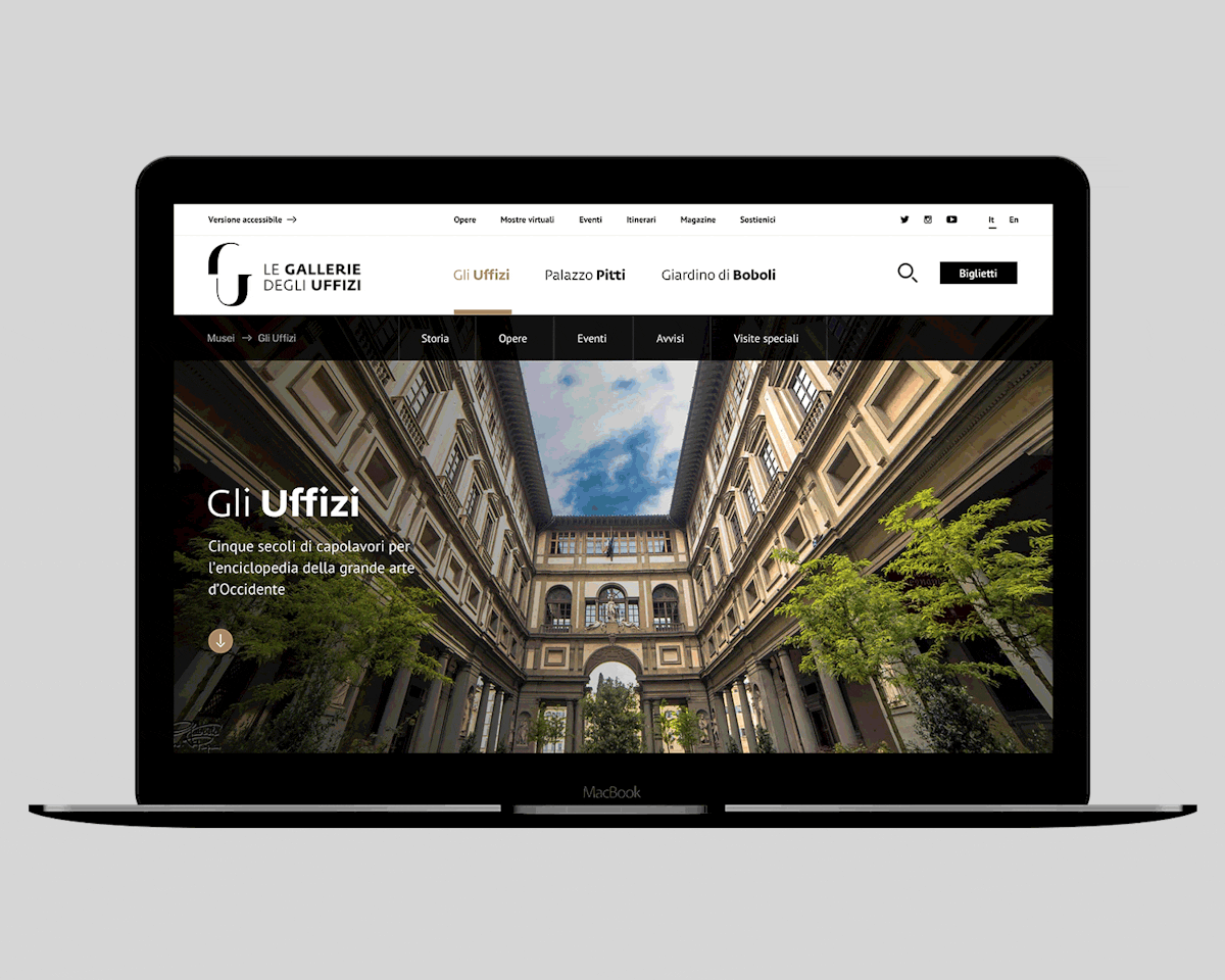 Animazione che mostra il sito web delle Gallerie degli Uffizi mentre scorre le tre sezioni Museali e l'uso dei colori per ognuna di loro.