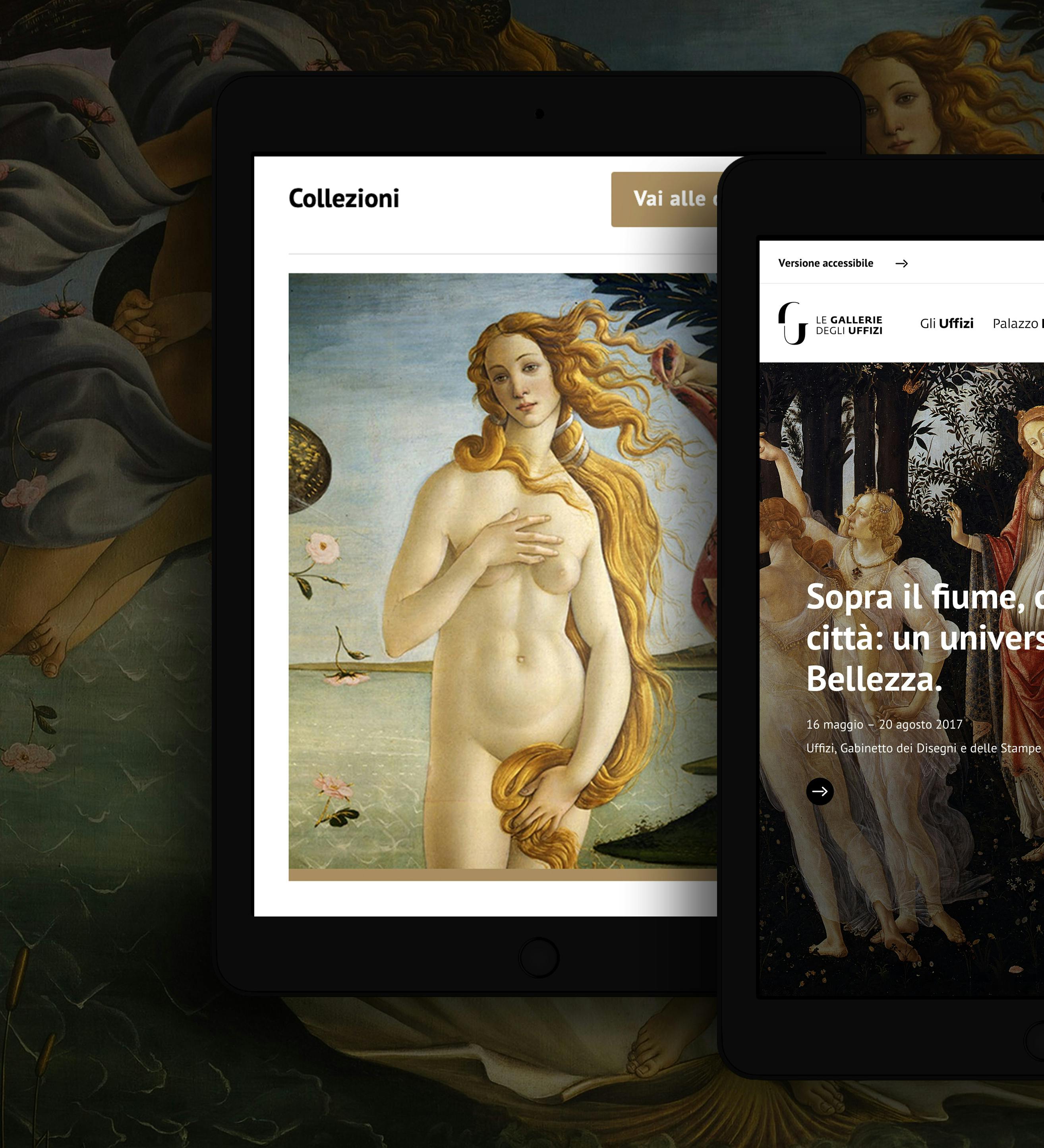 Mockup di una pagina opere e della home delle Gallerie degli Uffizi sullo sfondo della Venere di Botticelli