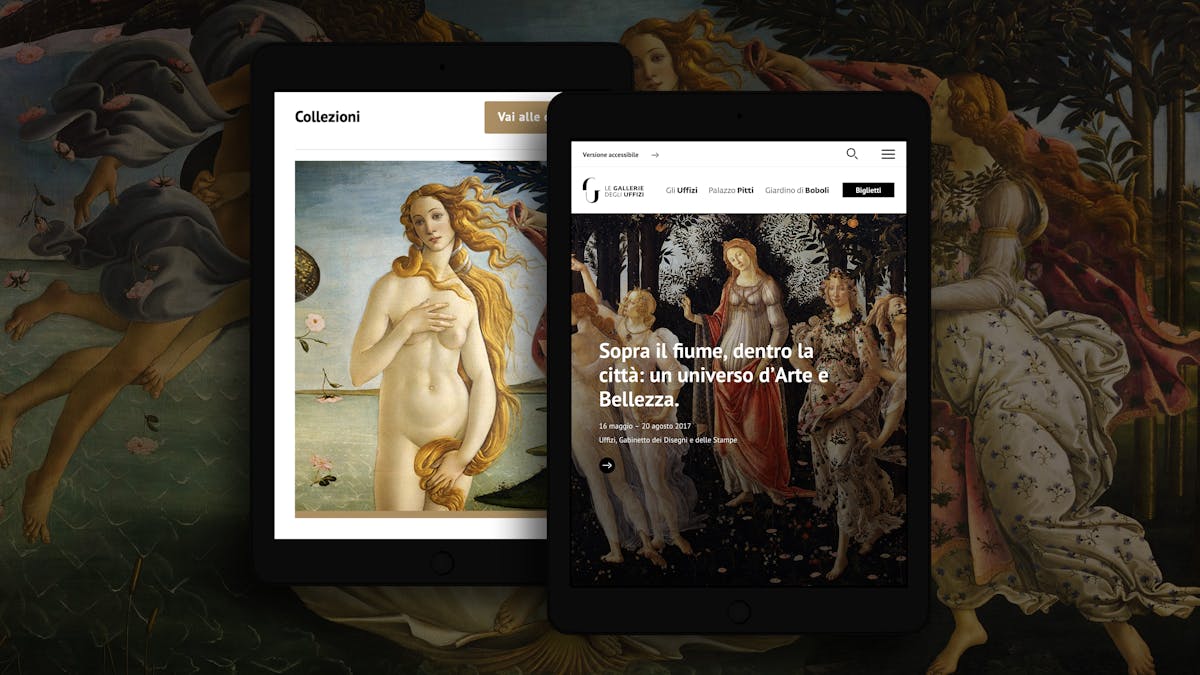 Mockup di una pagina opere e della home delle Gallerie degli Uffizi sullo sfondo della Venere di Botticelli