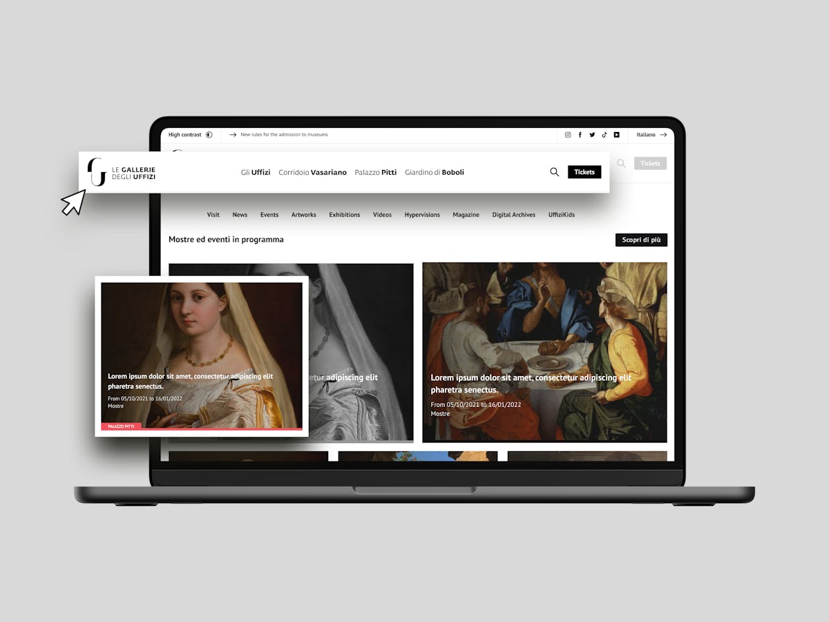 Un esempio della modularità degli elementi UI del sito delle Gallerie degli Uffizi, con main nav, immagini e testi replicabili su modelli differenti.
