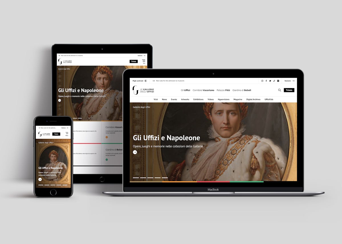 Mockup del sito web degli Uffizi mostrato su laptop, tablet e smartphone.