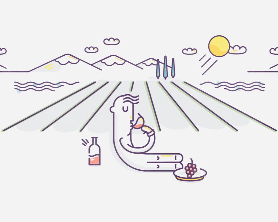 L'immagine mostra un'illustrazione minimalista di una persona stilizzata seduta in un vigneto con una bottiglia e un bicchiere di vino, di fronte a montagne e un sole splendente, rappresentando un paesaggio di campagna.
