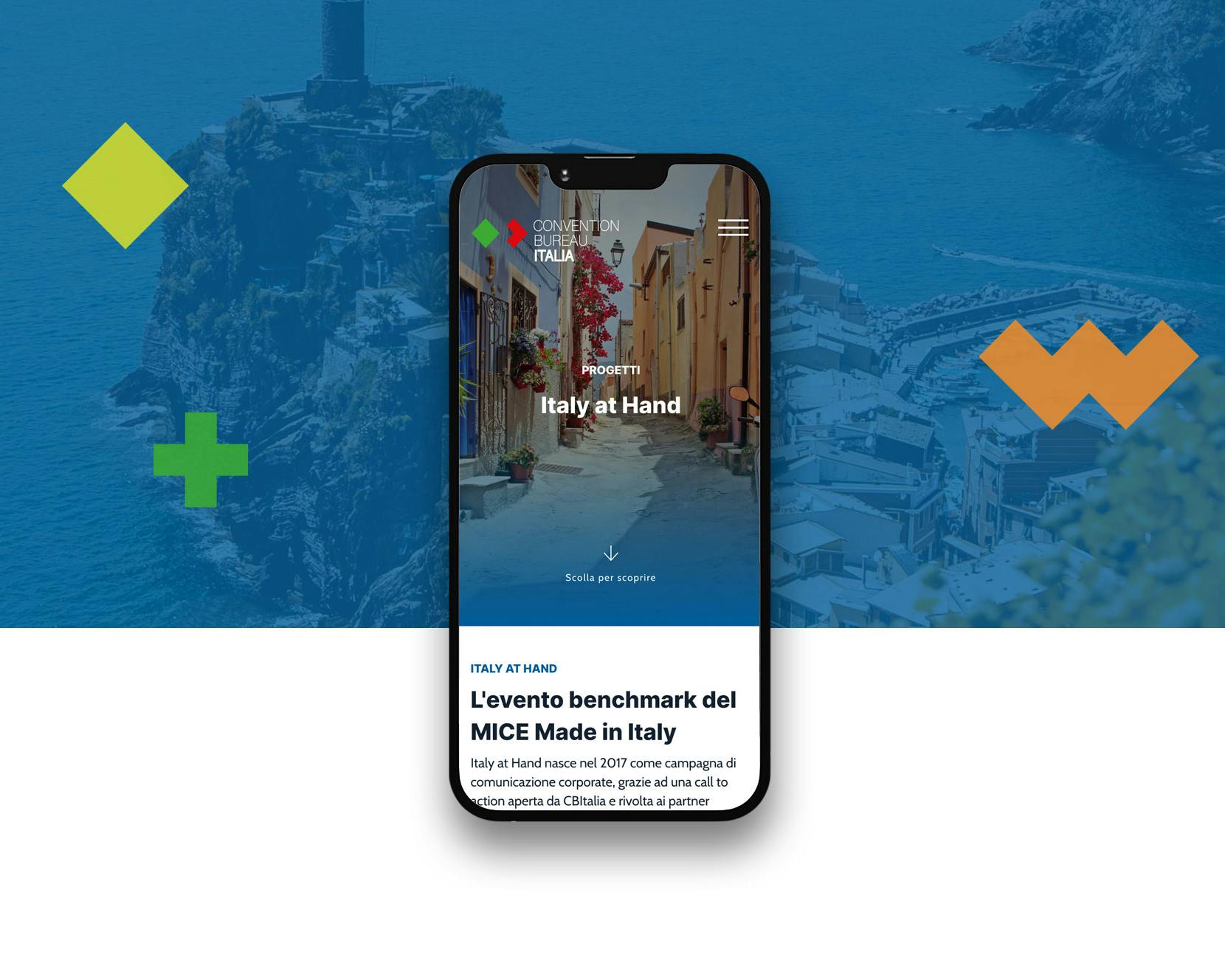 covention bureau cover sito convenition bureau da mobile con sfondo bianco e blu e la costiera in trasparenza