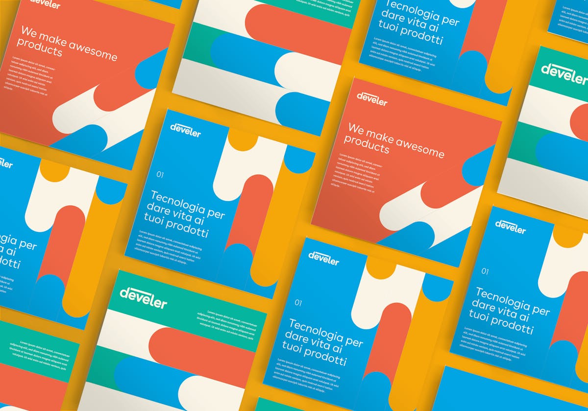 flyer develer con la palette colori del nuovo branding realizzato da Cantiere Creativo
