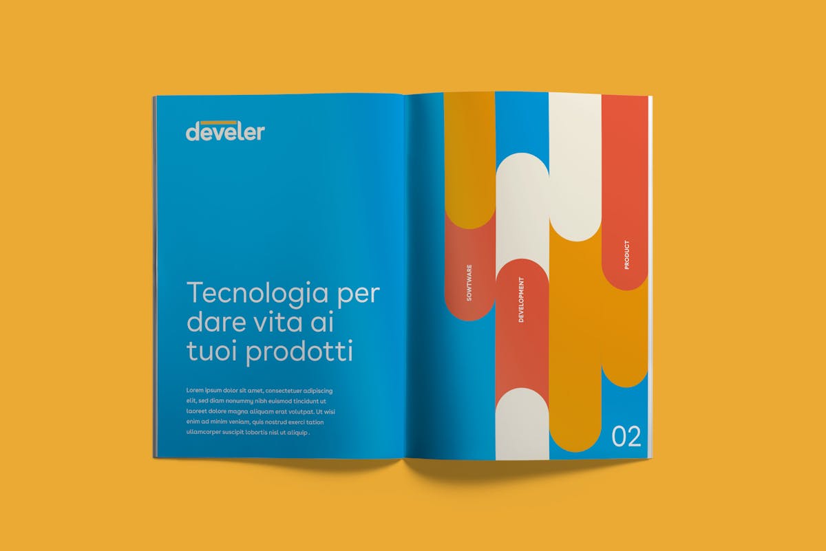 Brochure develer con nuovo branding realizzato da Cantiere Creativo su sfondo giallo