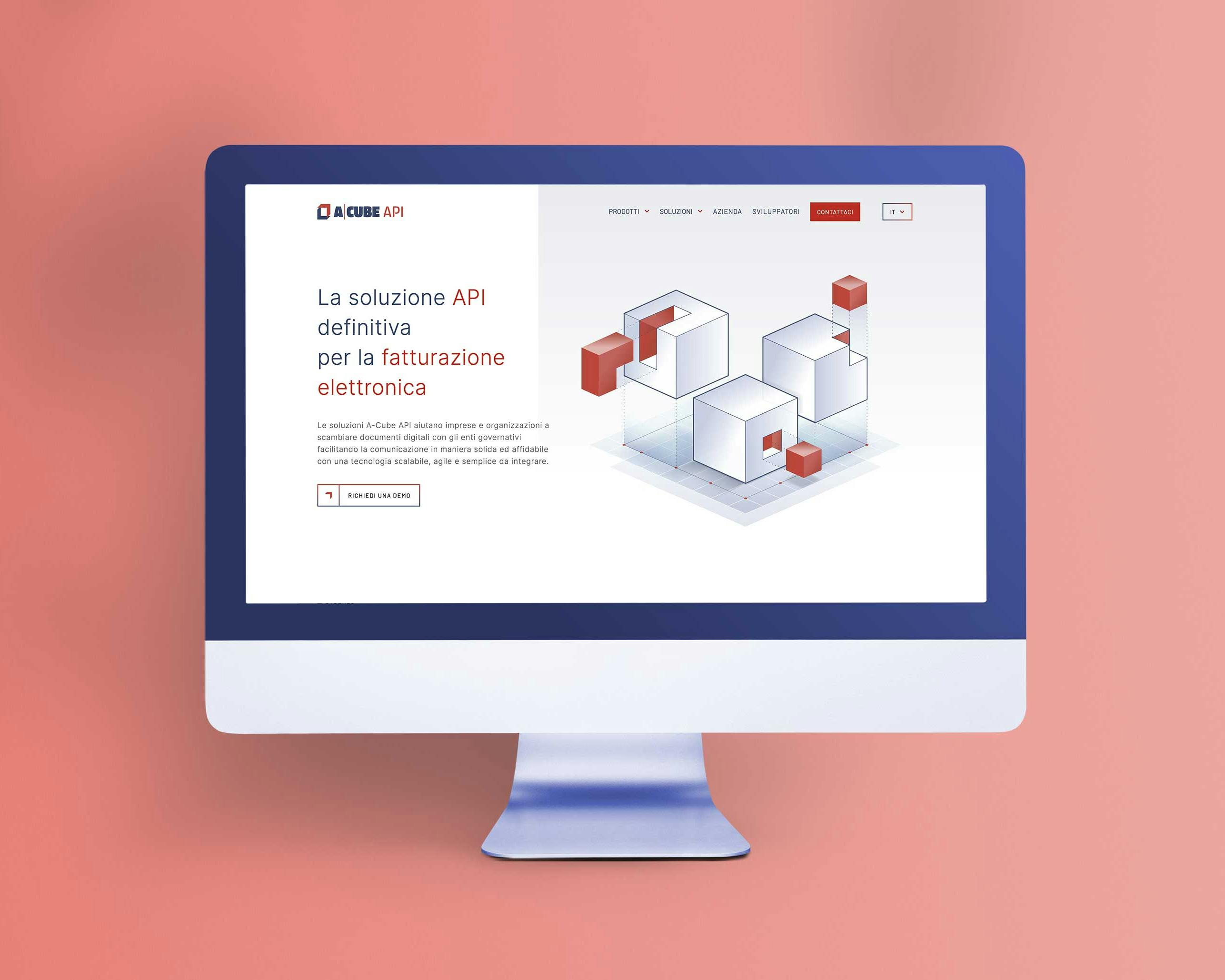 A Cube website Schermo che mostra il sito di Acube su sfondo rosso