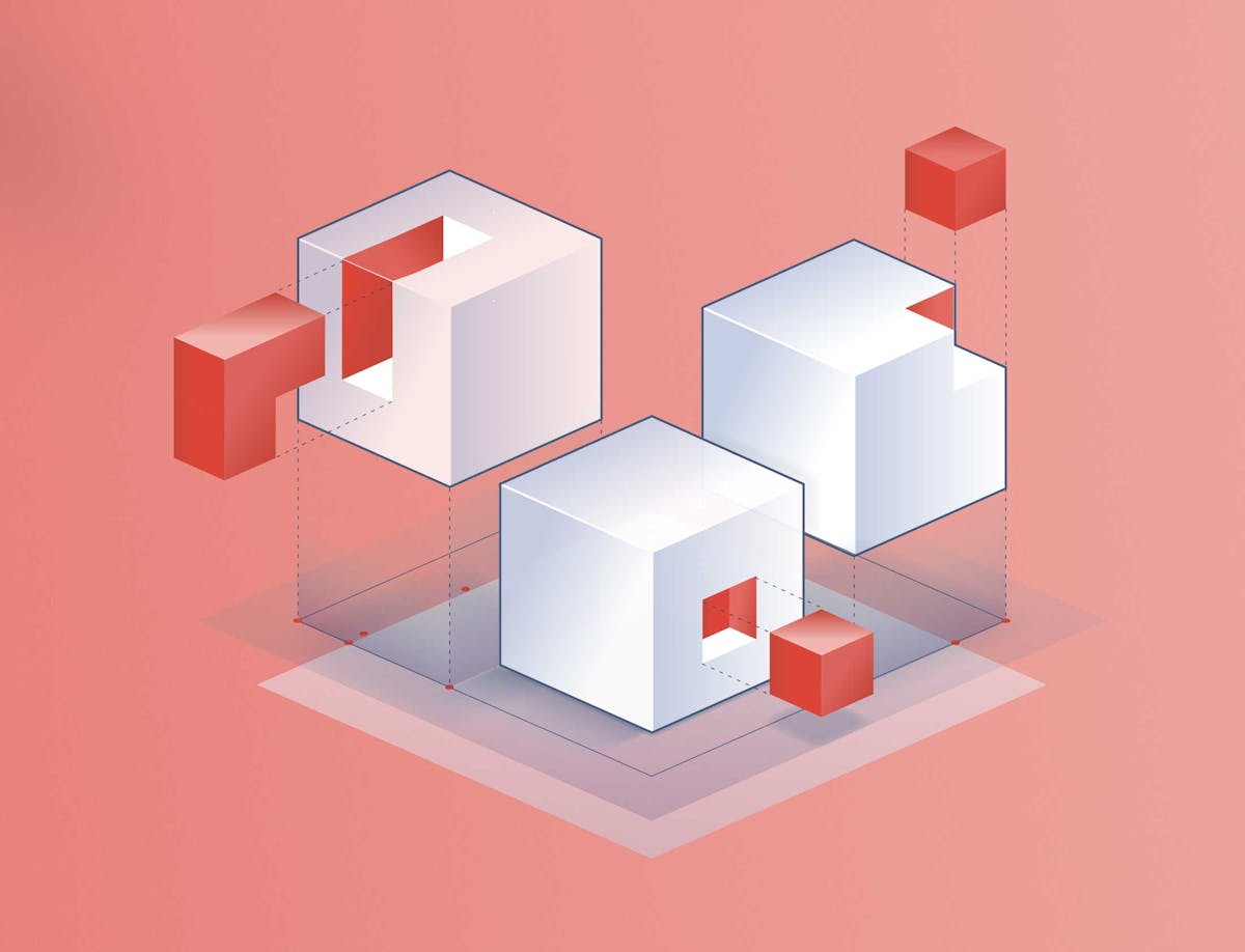 Cubi bianchi su sfondo rosso utilizzati per il sito di Acube da Cantiere Creativo