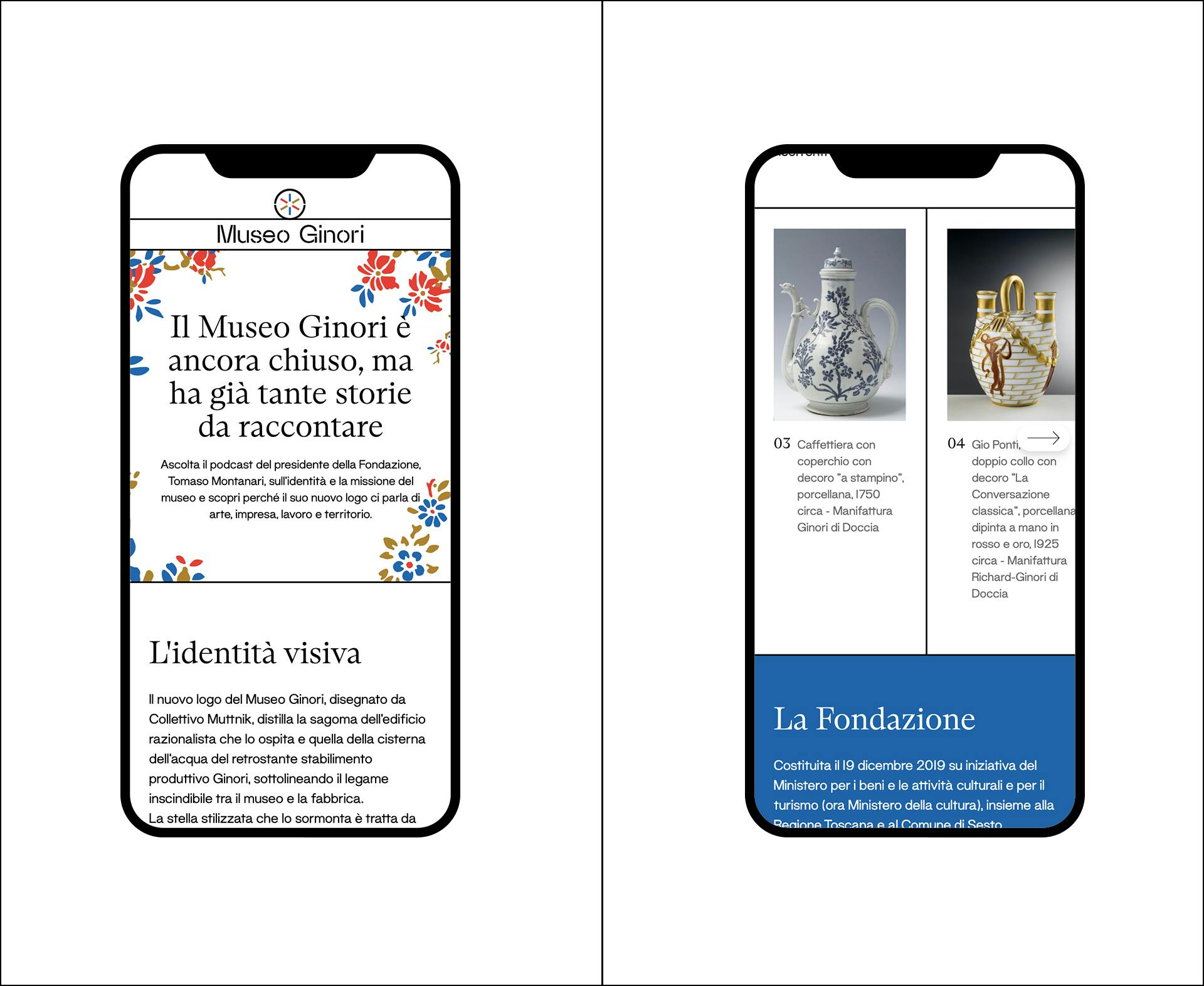 Due schermate del sito del Museo Ginori visualizzate su smartphone.