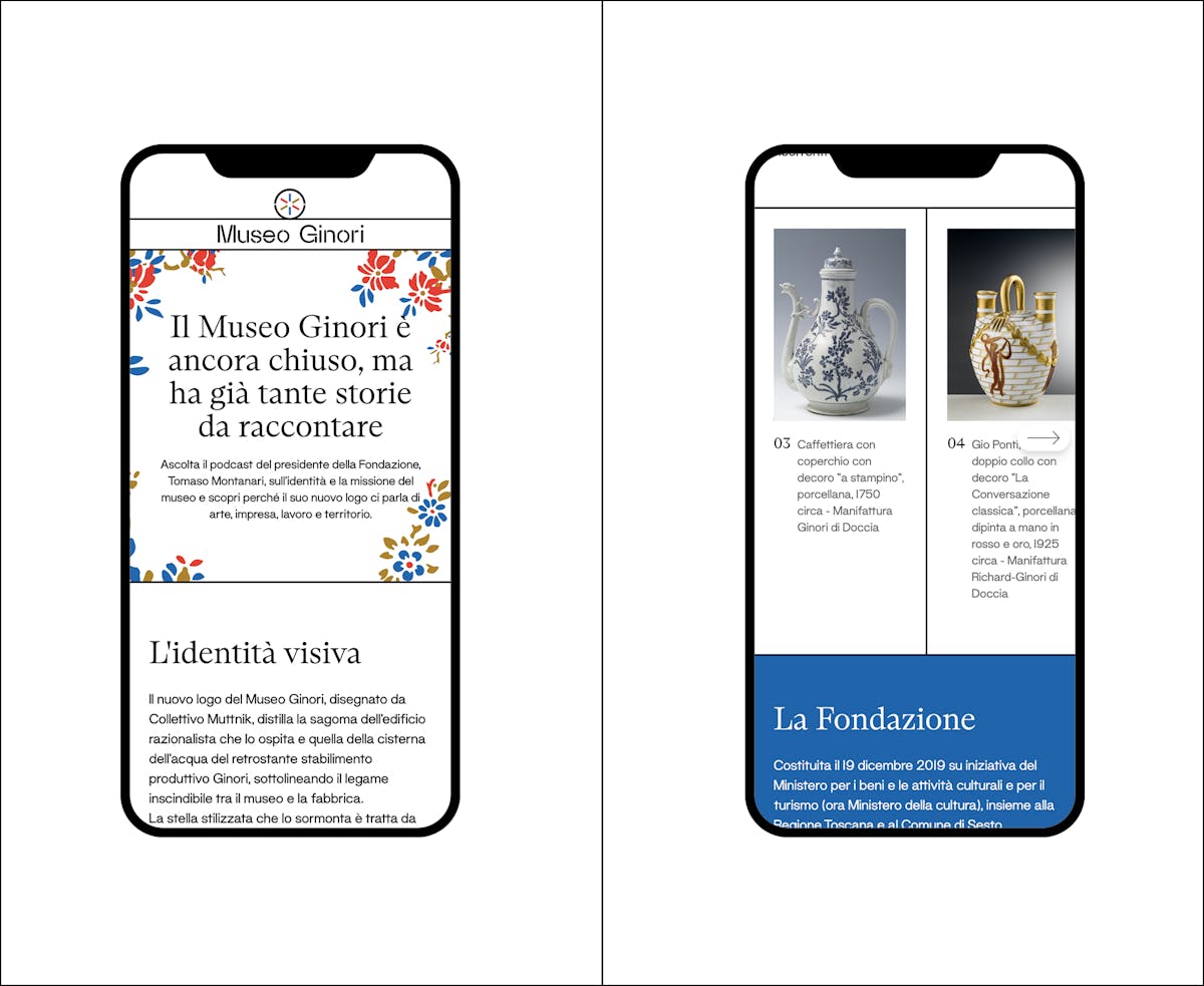 Due schermate del sito del Museo Ginori visualizzate su smartphone.
