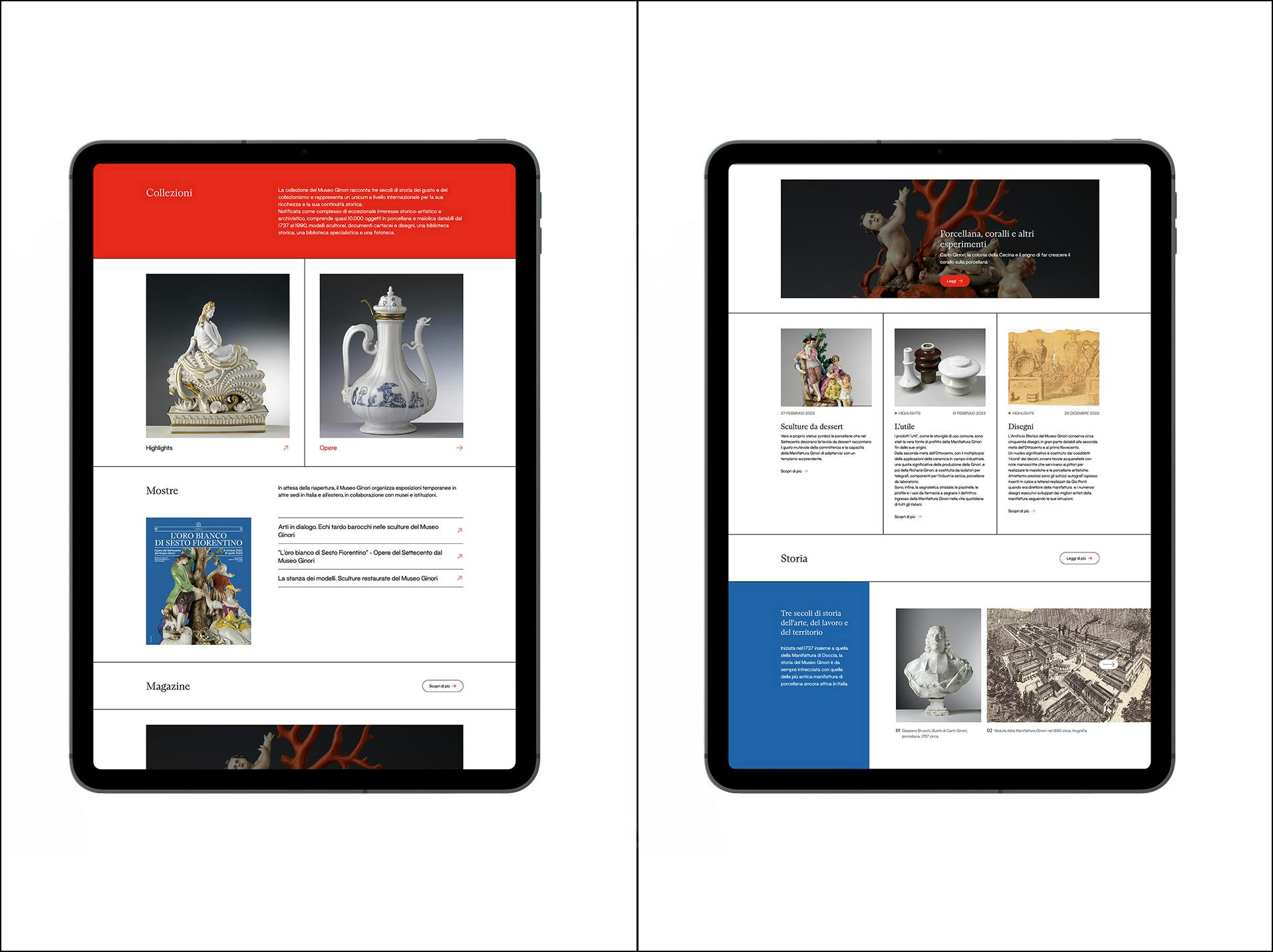 Due mockup di schermate del sito web del Museo Ginori mostrate su tablet.