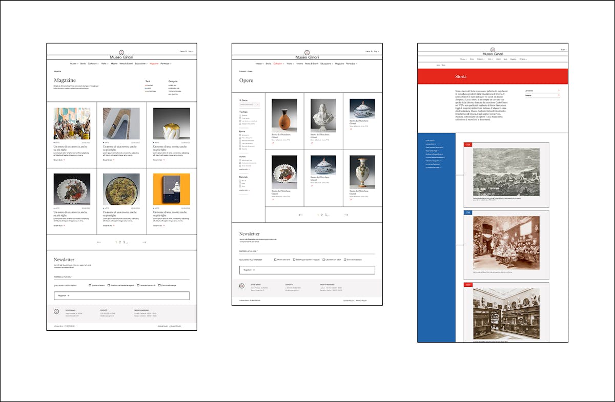Alcune schermate del Museo Ginori in formato desktop che mostrano l'indice opere, il Magazine e la Storia della Manifattura.