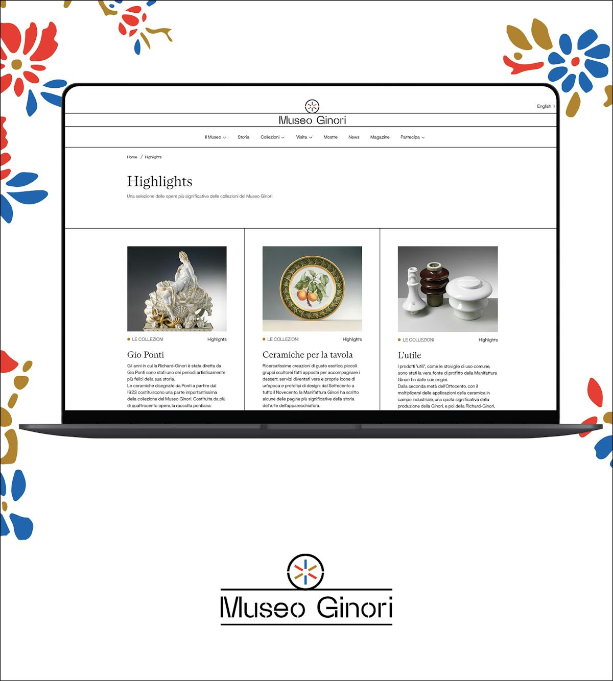 Un mockup di chiusura del Museo Ginori, col suo brand in calce, che mostra la pagina degli Highlights del sito.