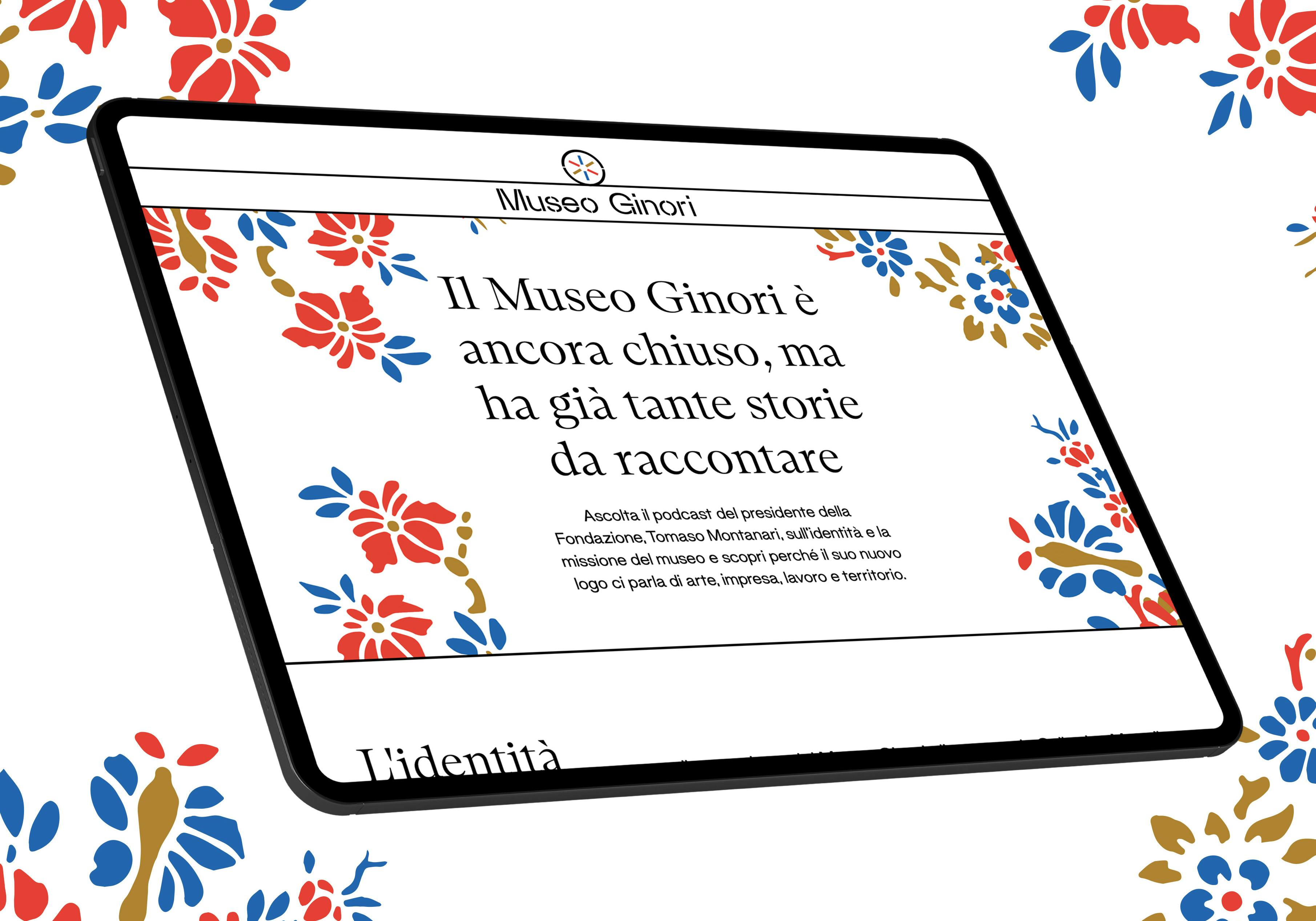Un tablet che mostra la homepage del Museo Ginori su uno sfondo floreale.