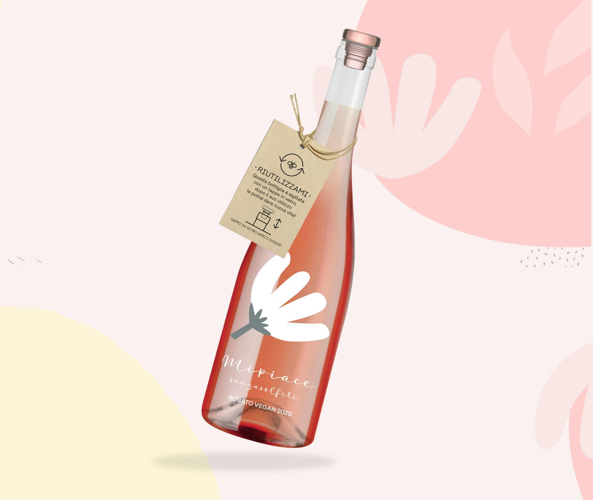 bottiglia mi piace senza solfiti su sfondo rosa