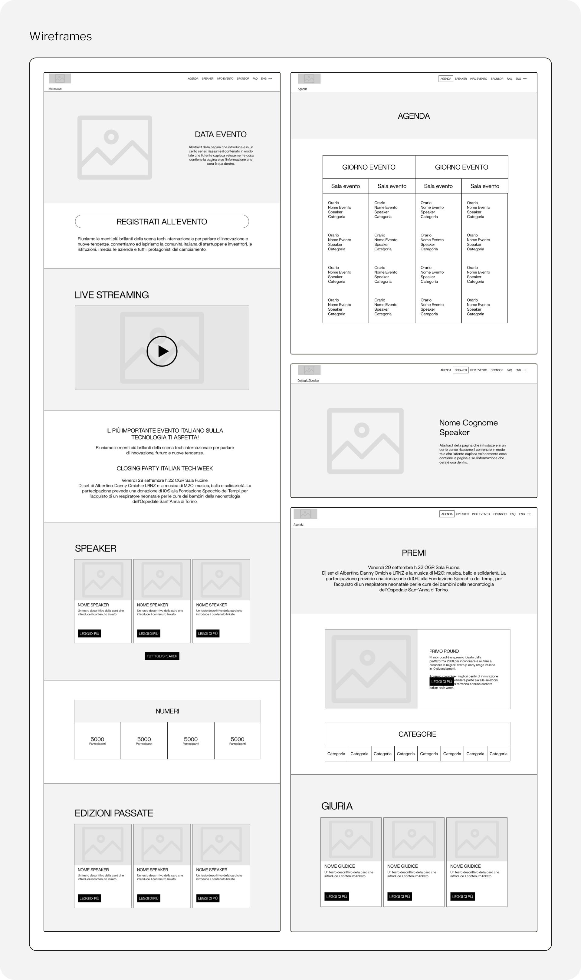 Due schermate d'esempio dei wireframes in bassa definizione per Italian Tech Week