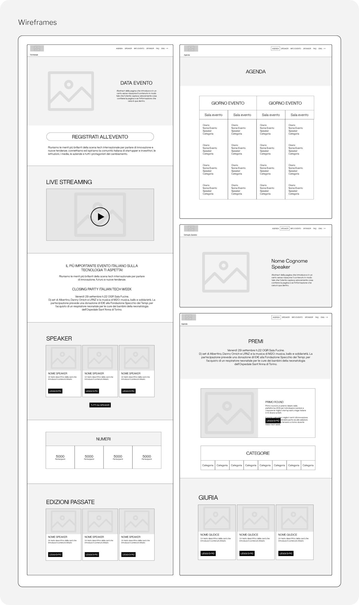 Due schermate d'esempio dei wireframes in bassa definizione per Italian Tech Week