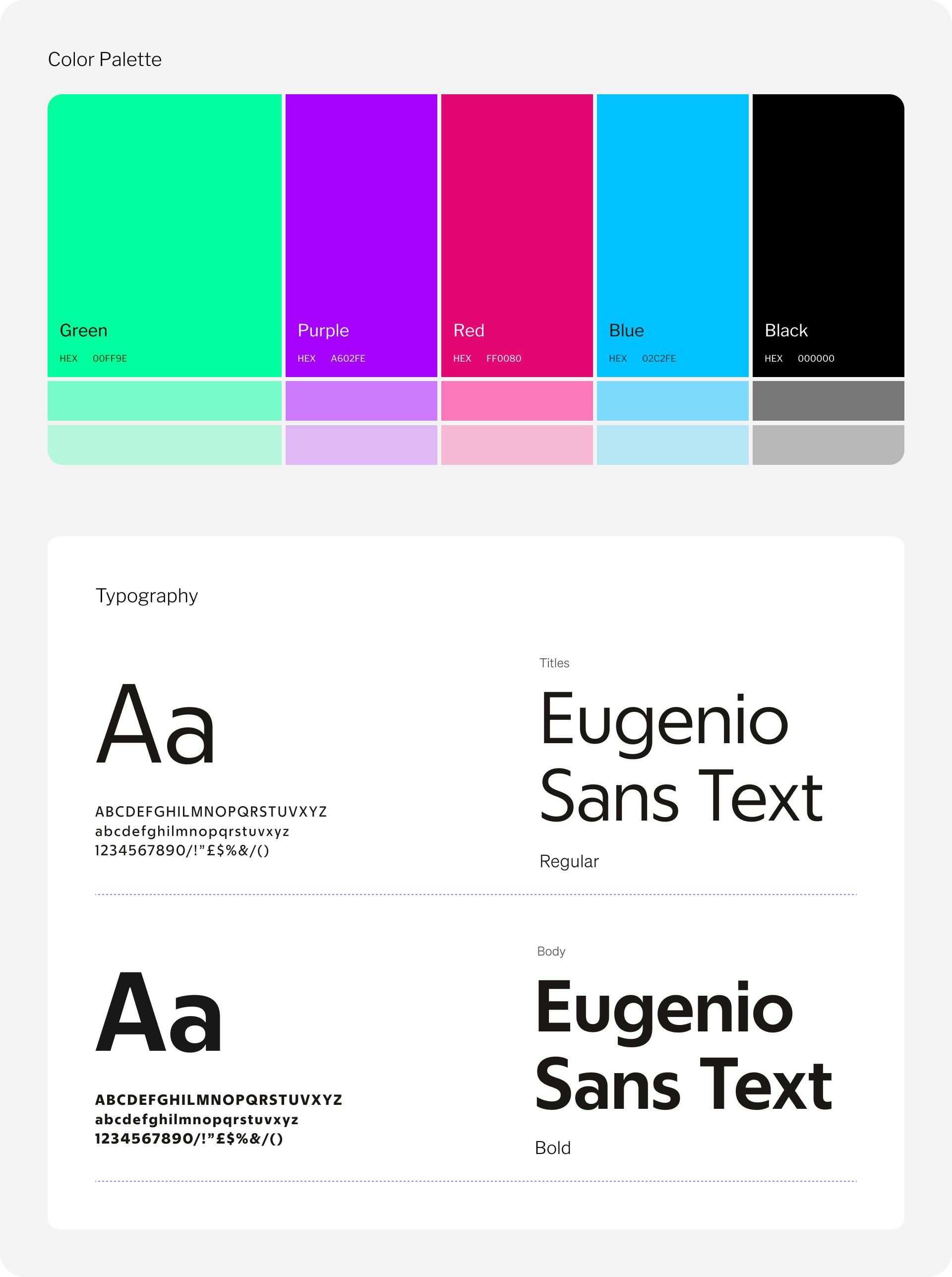 Le scelte cromatiche e il font selezionato (Eugenio San Text) per il sito di Italian Tech Week