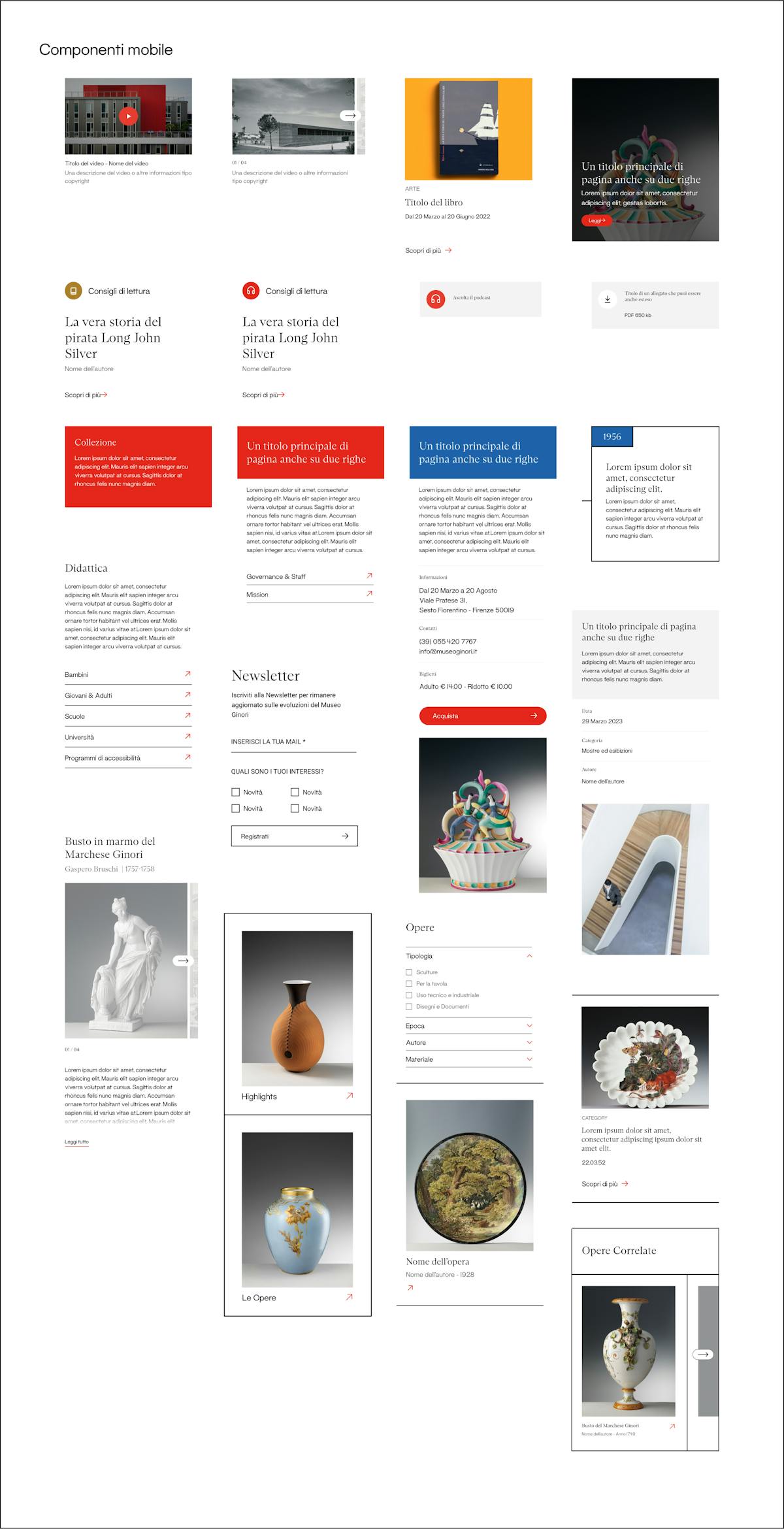 Uno schema che mostra alcuni degli elementi della UI del Museo Ginori disegnati per schermi mobile.