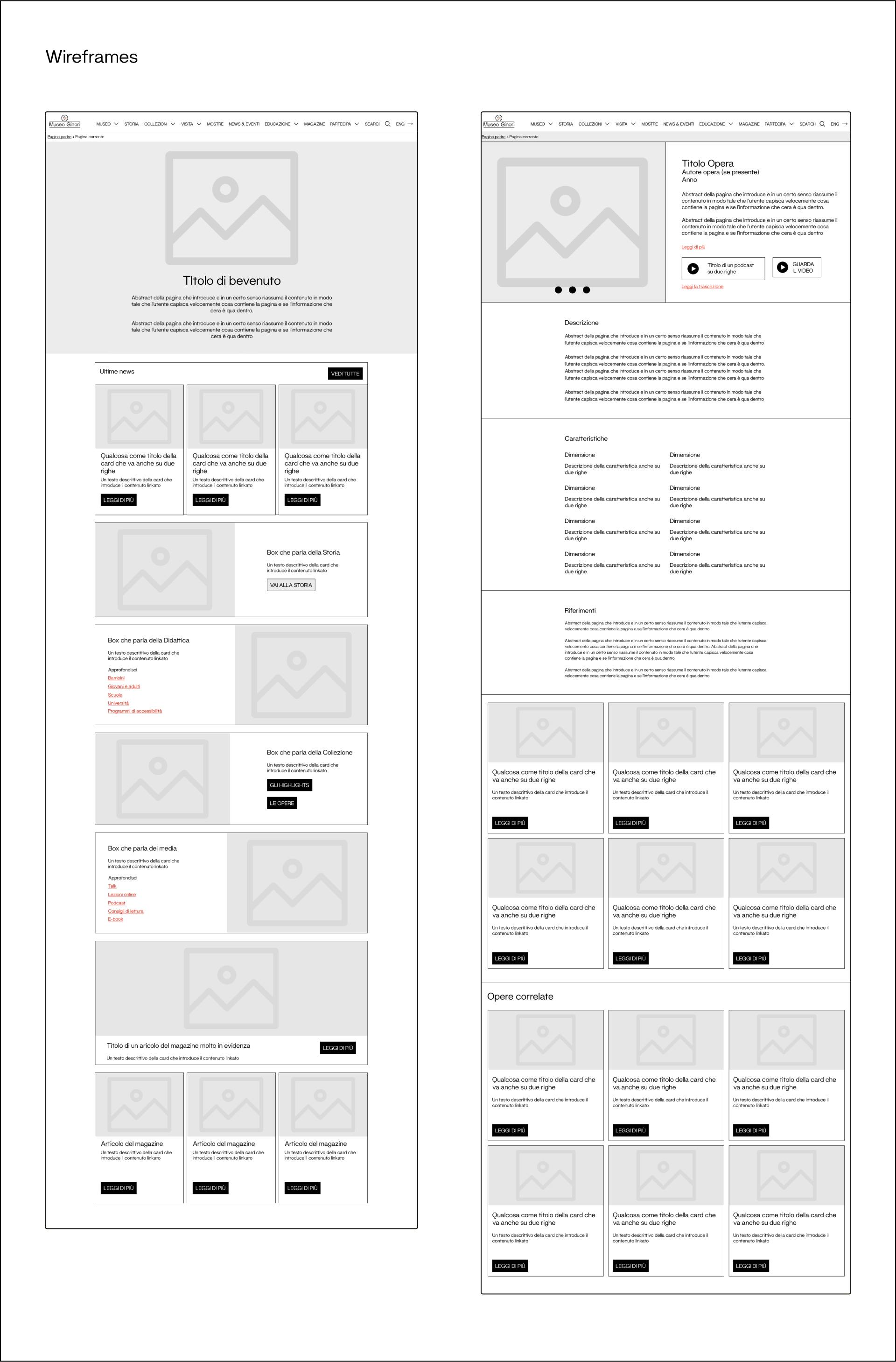 Due wireframe a bassa definizione della Home e di un'opera del Museo Ginori.