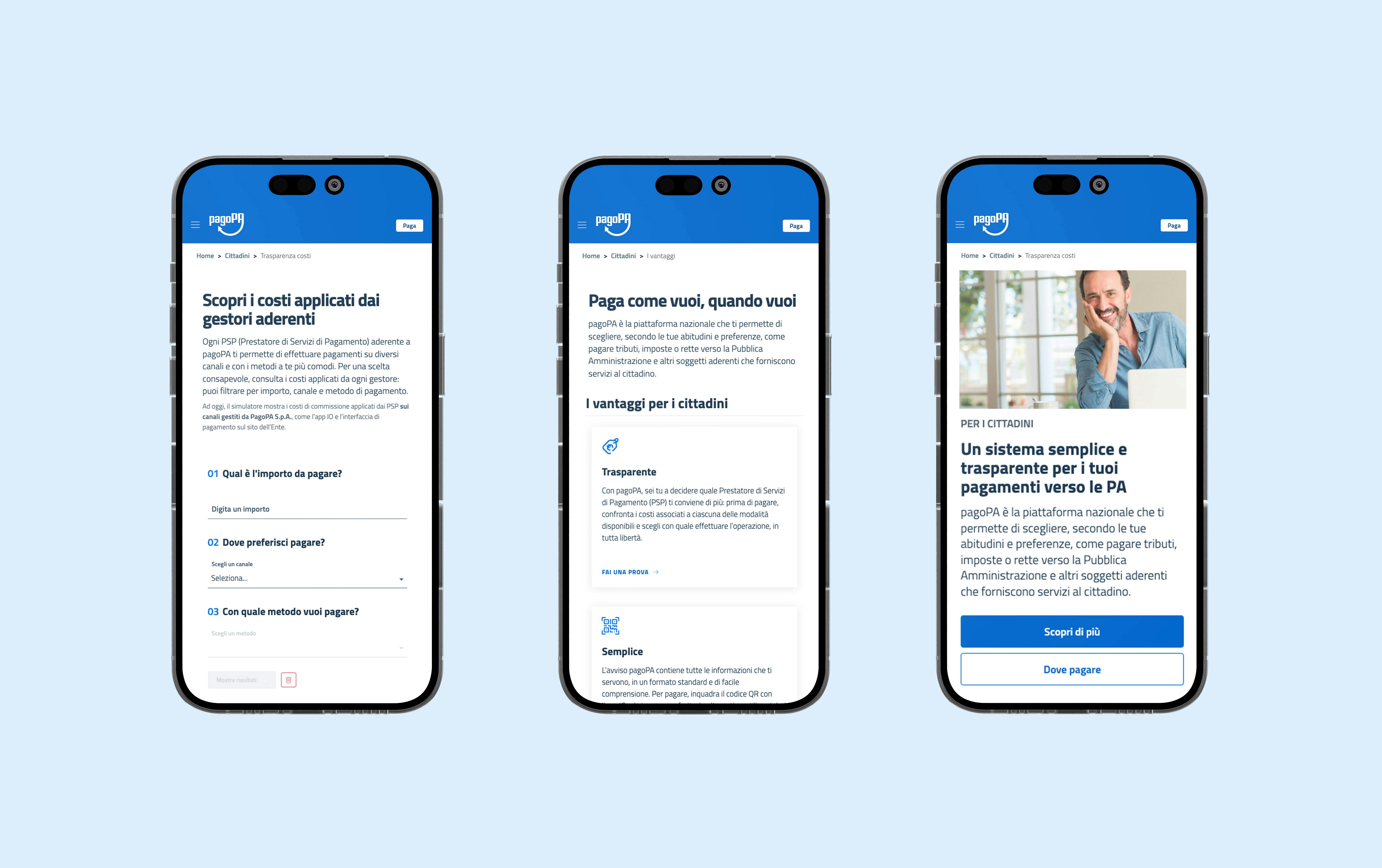 tre mockup mobile consecutivi che mostrano la schermata PagoPa MITD