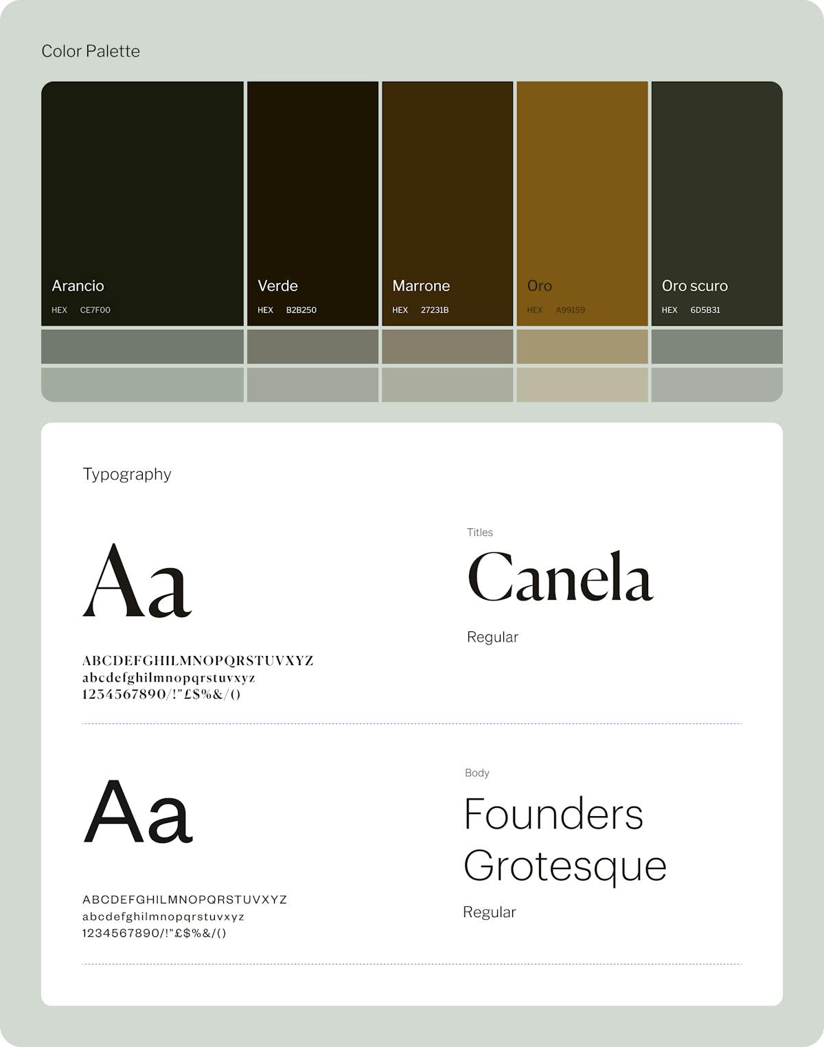 schema palette colori e font utilizzati per il sito tenuta Olianas