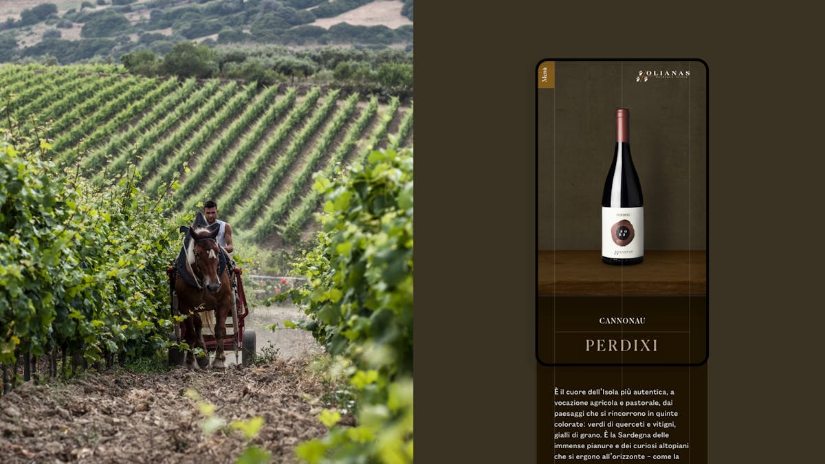 l'immagine mostra da una parte il sito della tenuta da mobile con il vino perdixi e dall'altra i campi della tenuta con un contadio e il cavallo