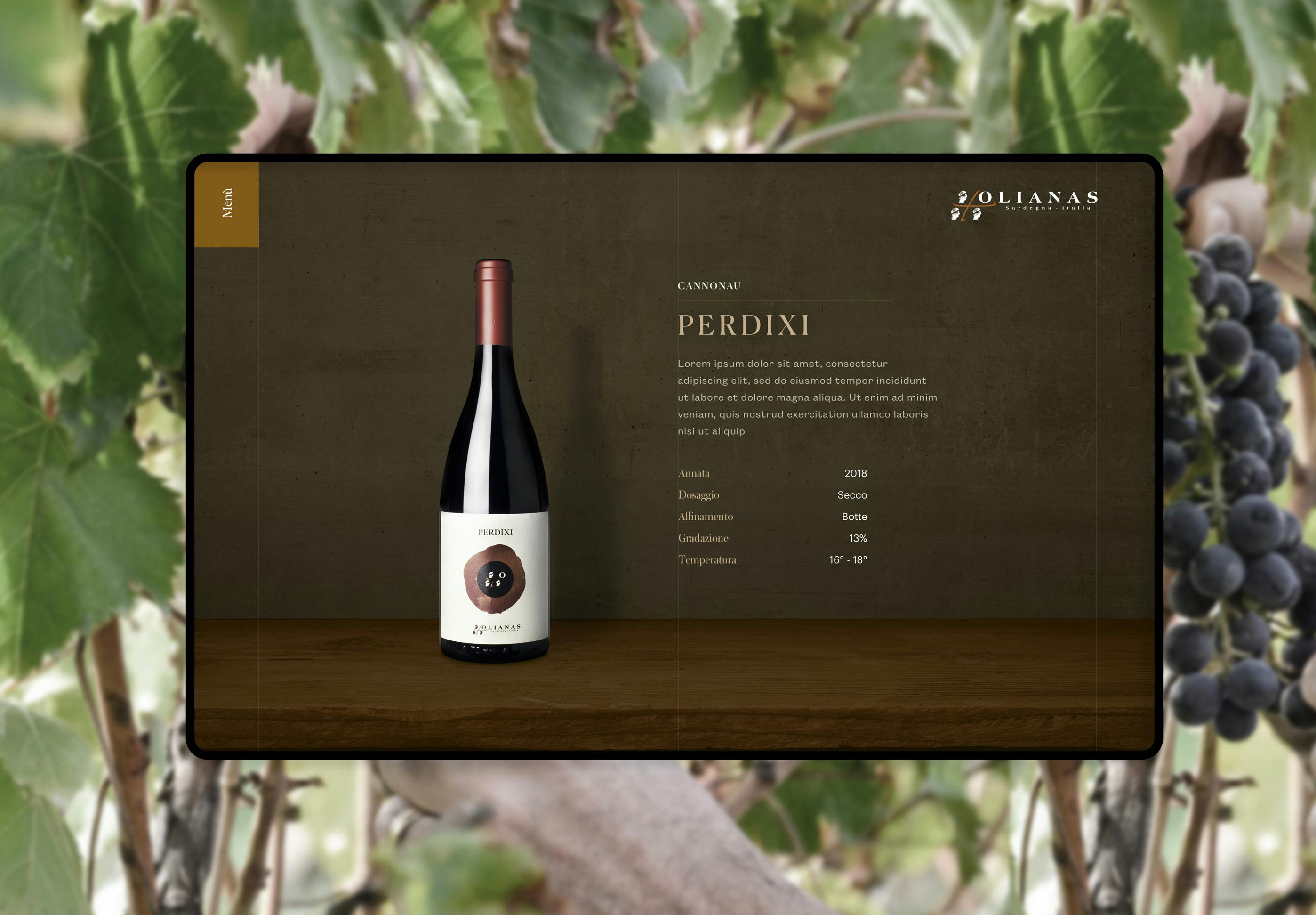 Cover scheda portfolio tenuta olianas che mostra una schermata del vino perdixi presa dal sito web
