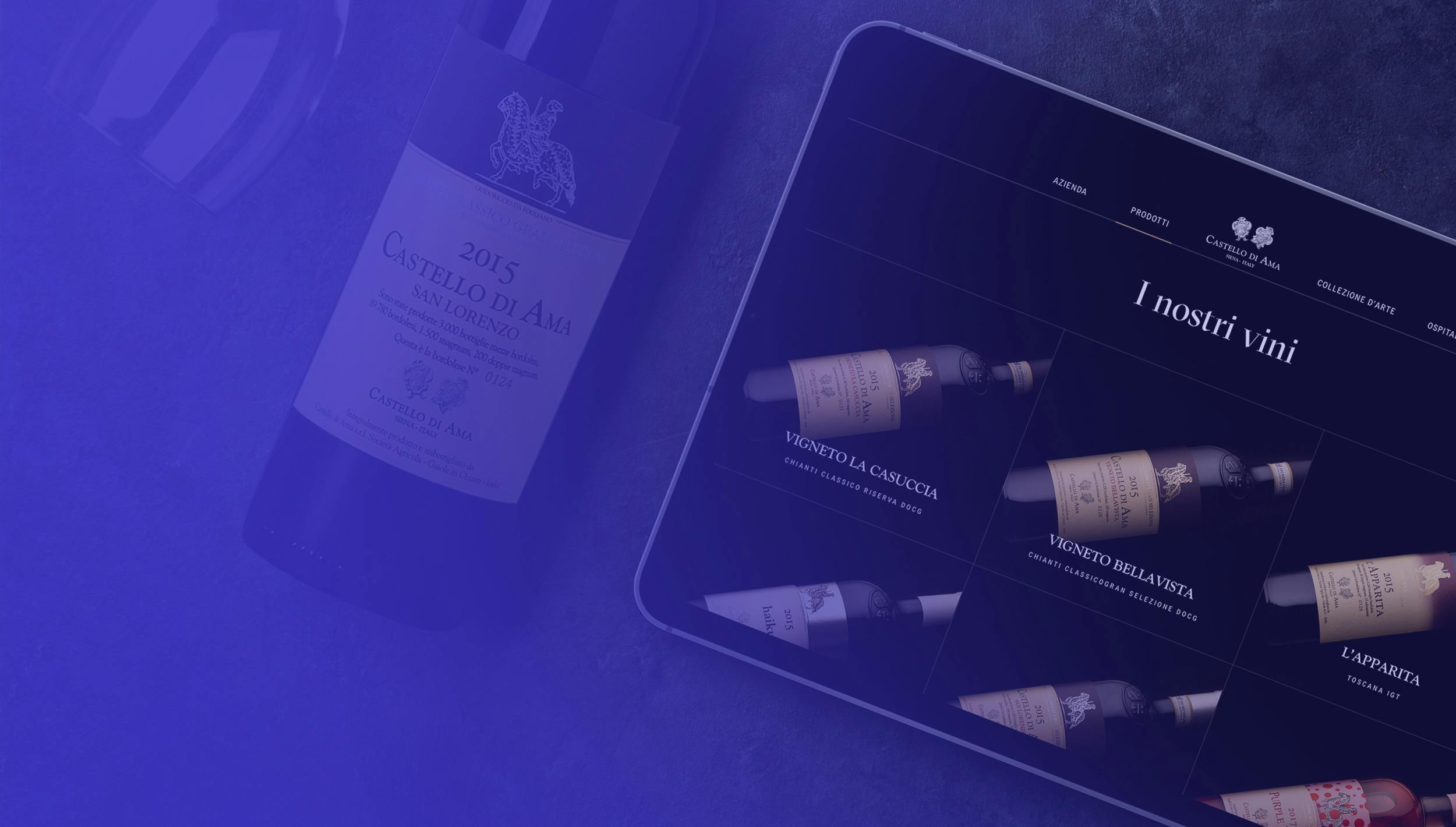 Tablet e bottiglia di vino Sito Castello di Ama su Tablet che mostrano le bottiglie di vino