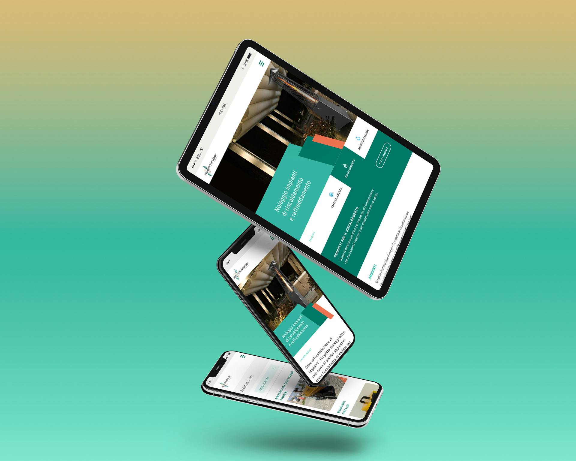 Immagine di tre dispositivi mobili a schermo intero con uno sfondo sfumato verde e arancione, che mostrano un'applicazione di design moderno con pulsanti e immagini su uno schermo color turchese.