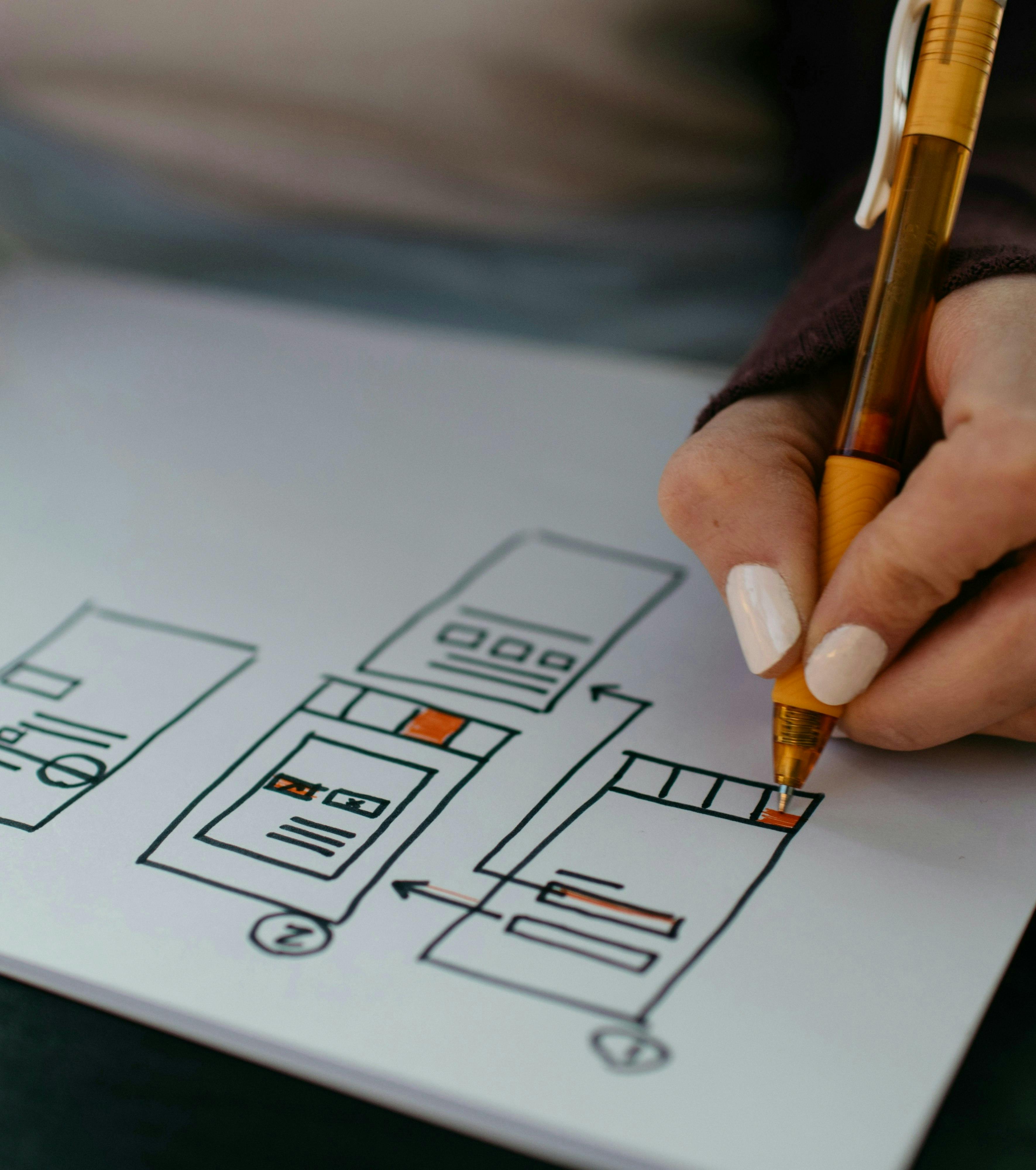 Una persona scrive e disegna un wireframe