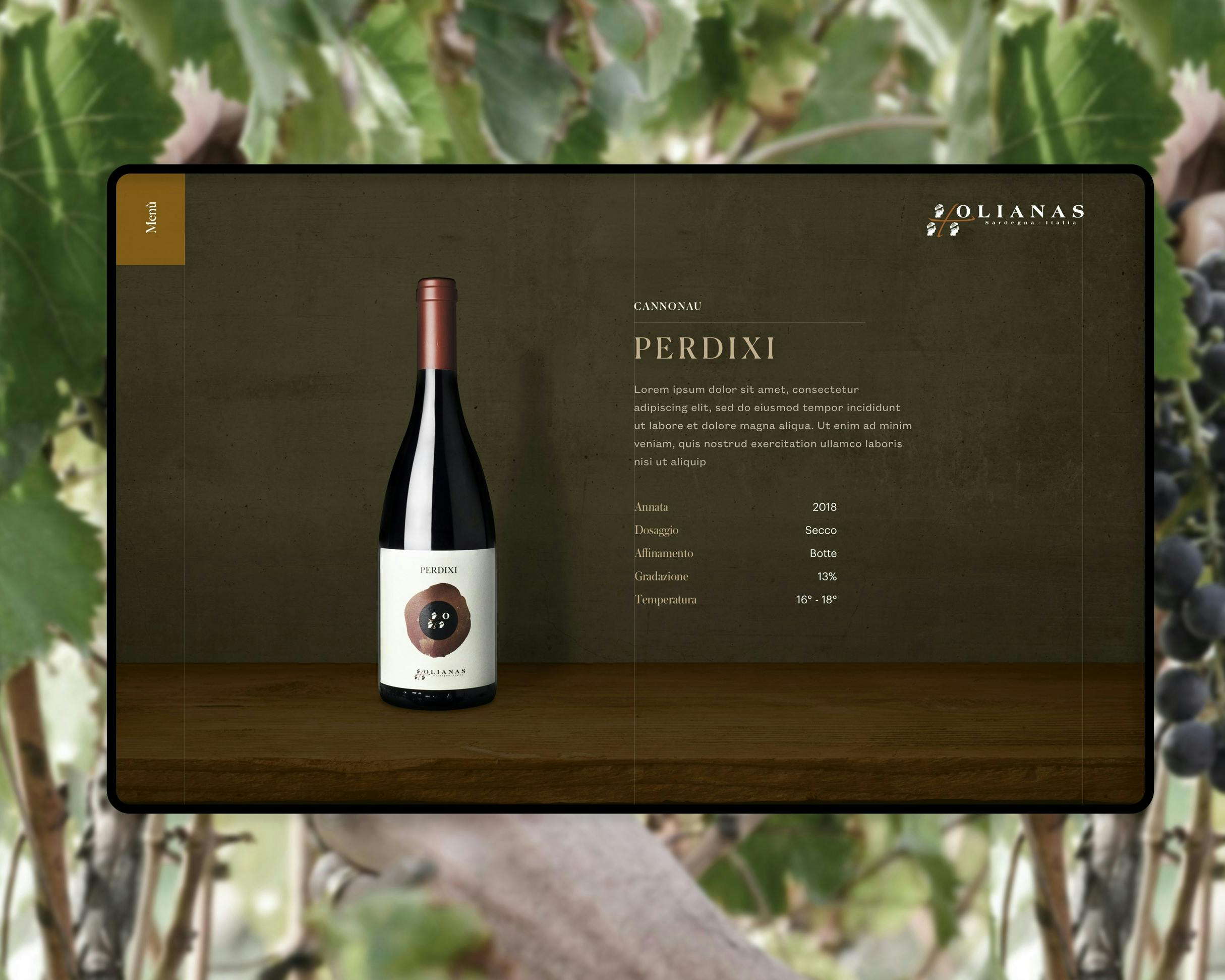cover tenuta olianas Cover scheda portfolio tenuta olianas che mostra una schermata del vino perdixi presa dal sito web