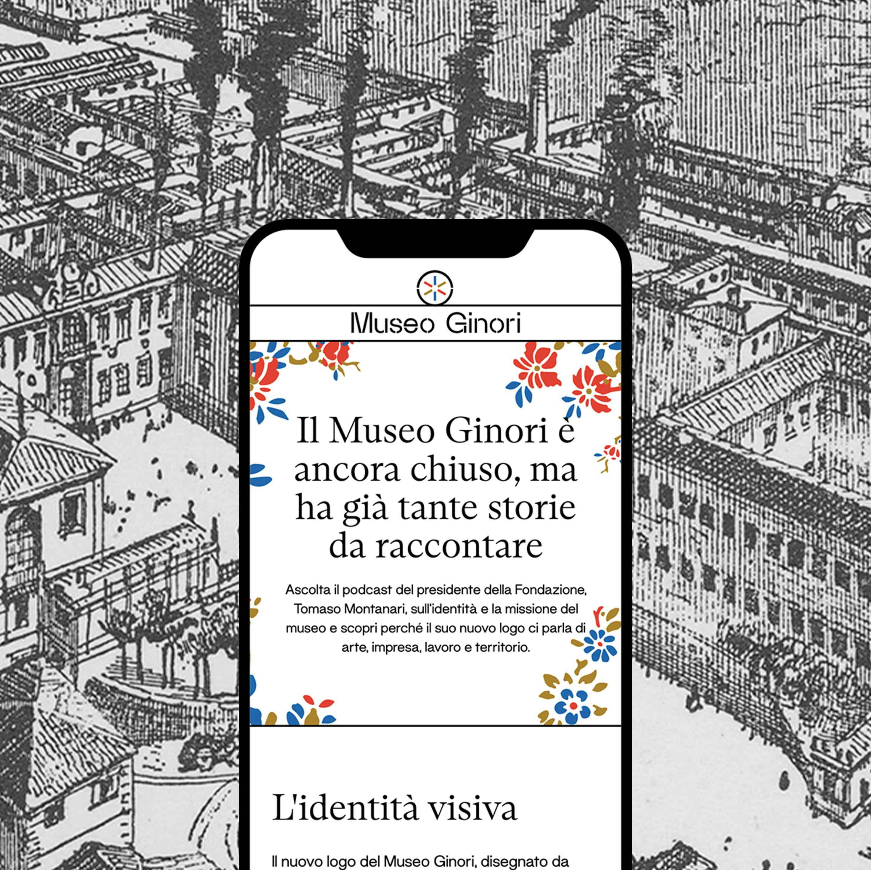 Uno smartphone che mostra il sito web del Museo Ginori con un'illustrazione in bianco e nero della Manifattura di Doccia in background.