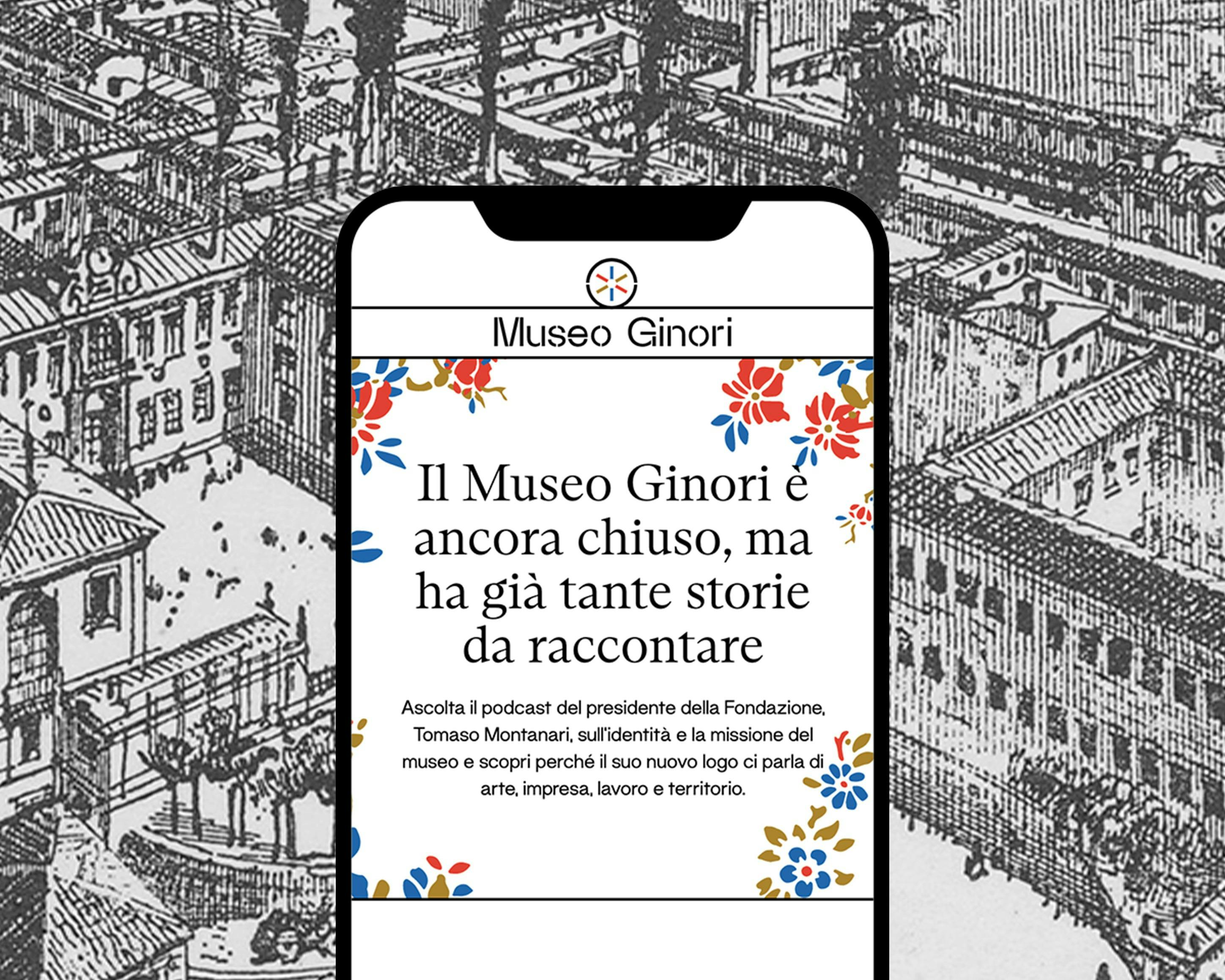 Cover Ginori Uno smartphone che mostra il sito web del Museo Ginori con un'illustrazione in bianco e nero della Manifattura di Doccia in background.