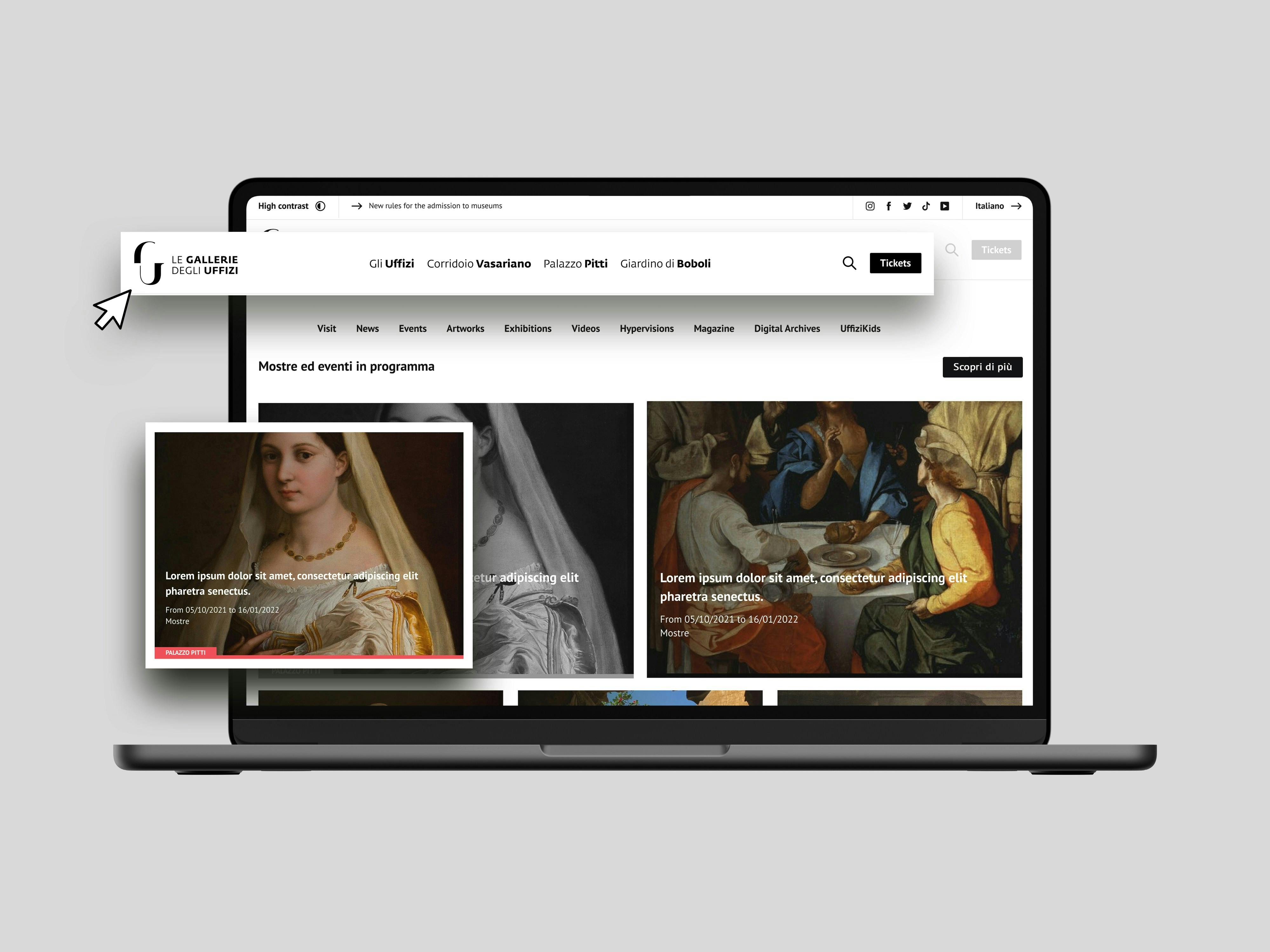 Un esempio della modularità degli elementi UI del sito delle Gallerie degli Uffizi, con main nav, immagini e testi replicabili su modelli differenti.